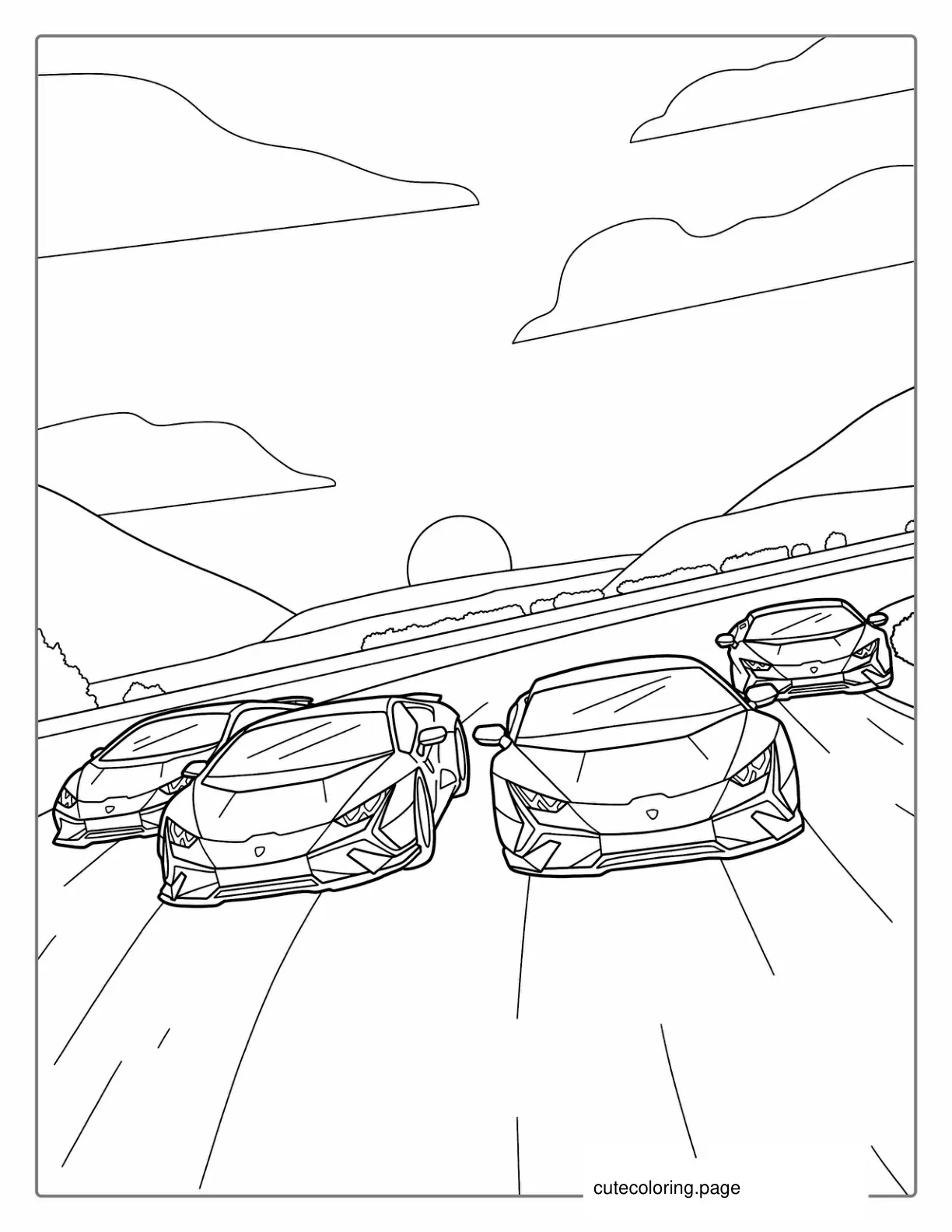 Four Lamborghini Cars On Race Track Coloring Sheet coloring page