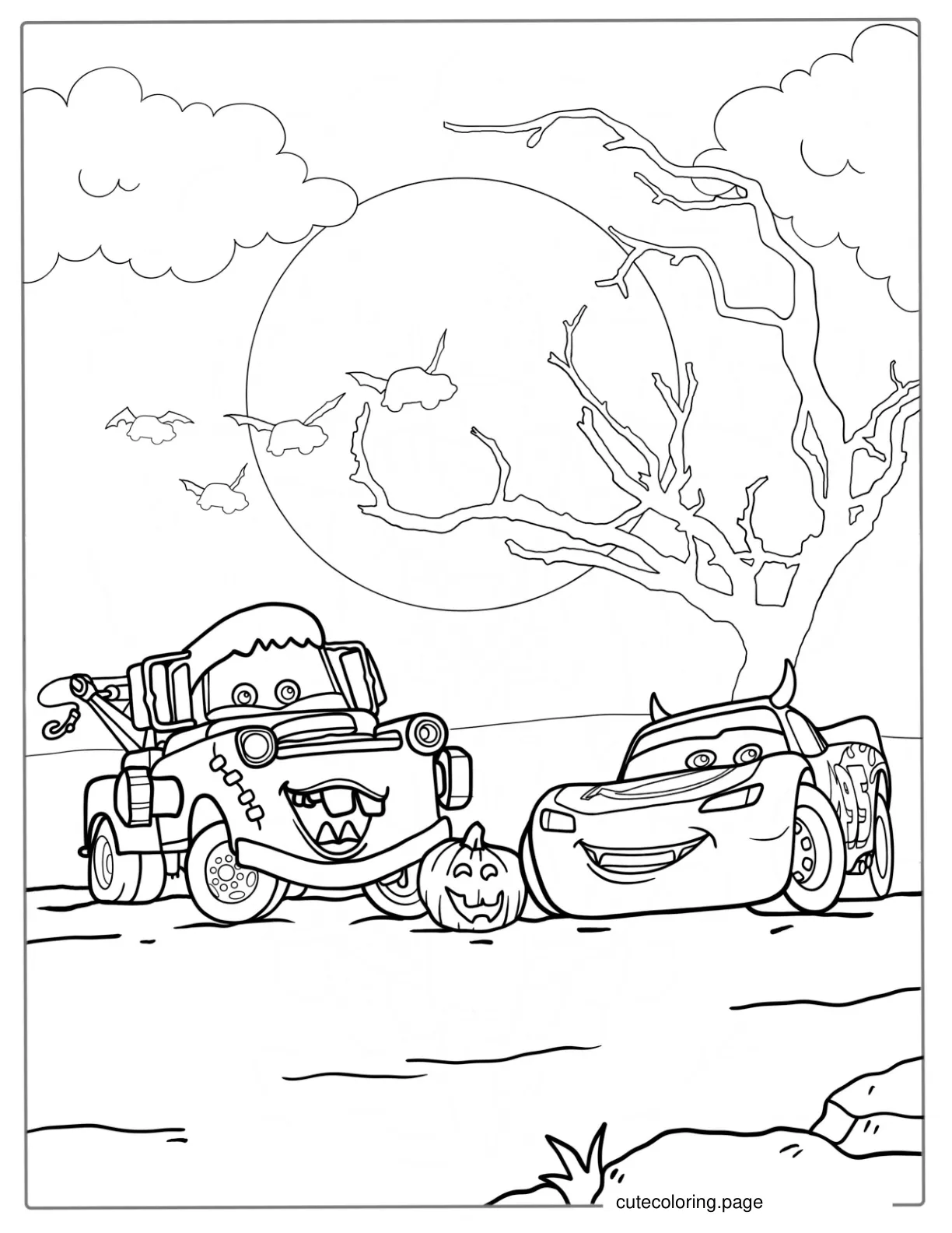 Halloween Themed McQueen and Mater To Color coloring page