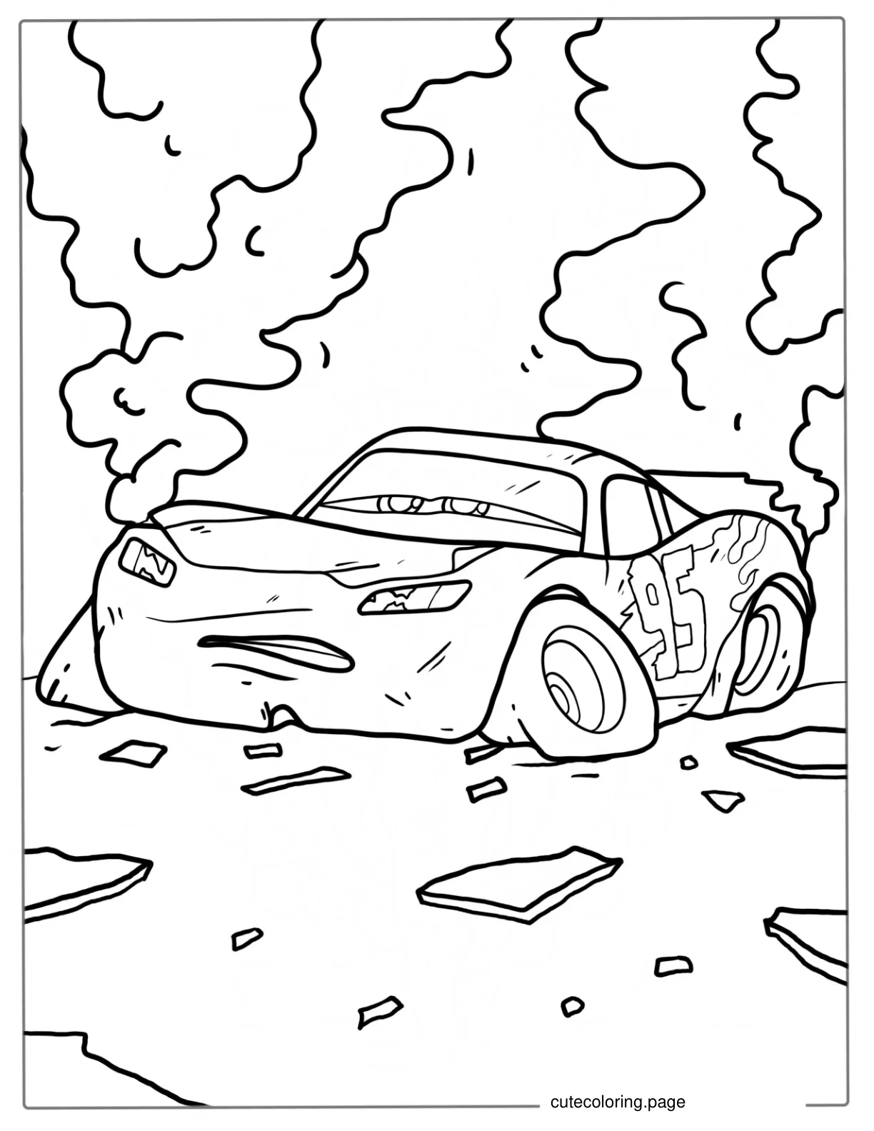 Lightning McQueen After a Crash Coloring Page coloring page