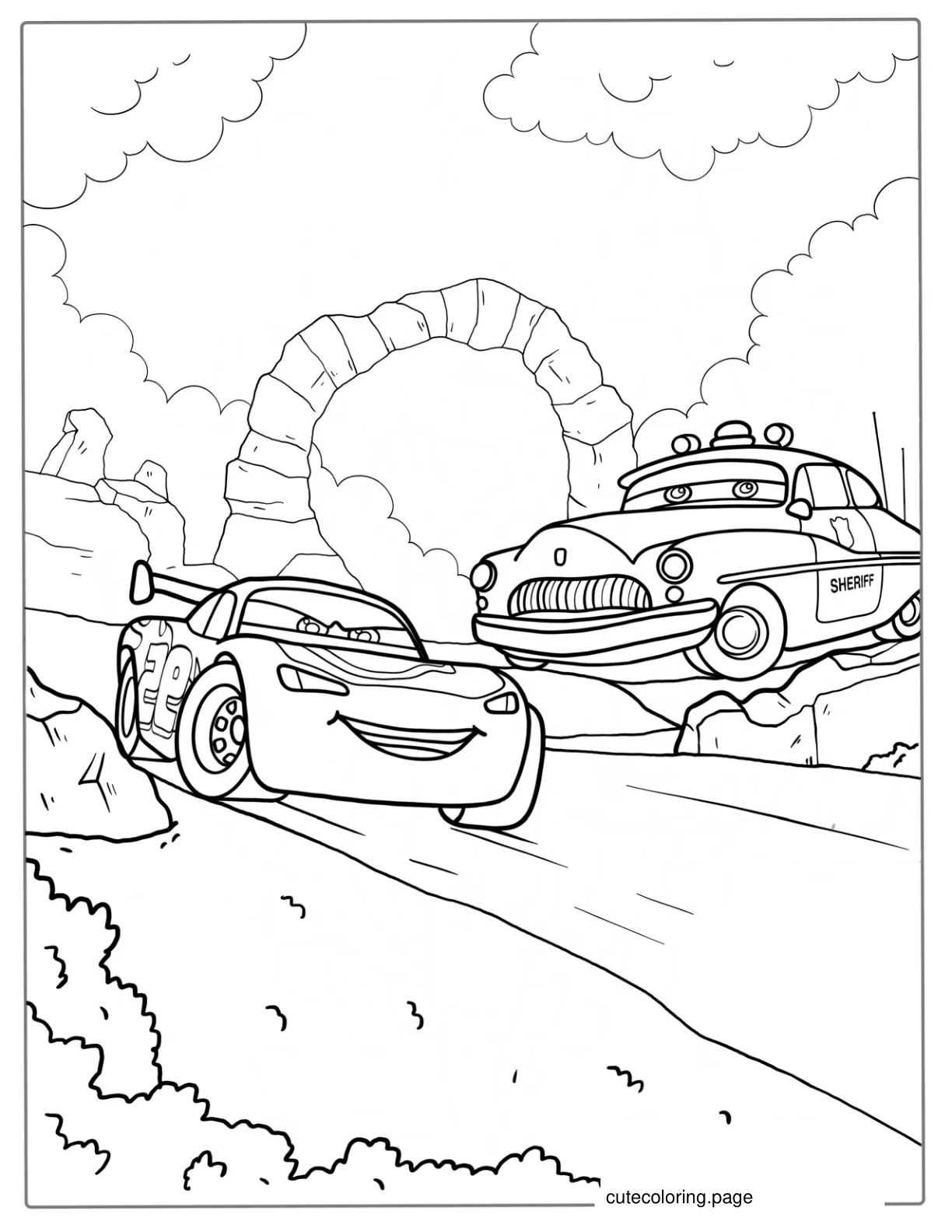 Lightning McQueen With The Sheriff To Color coloring page