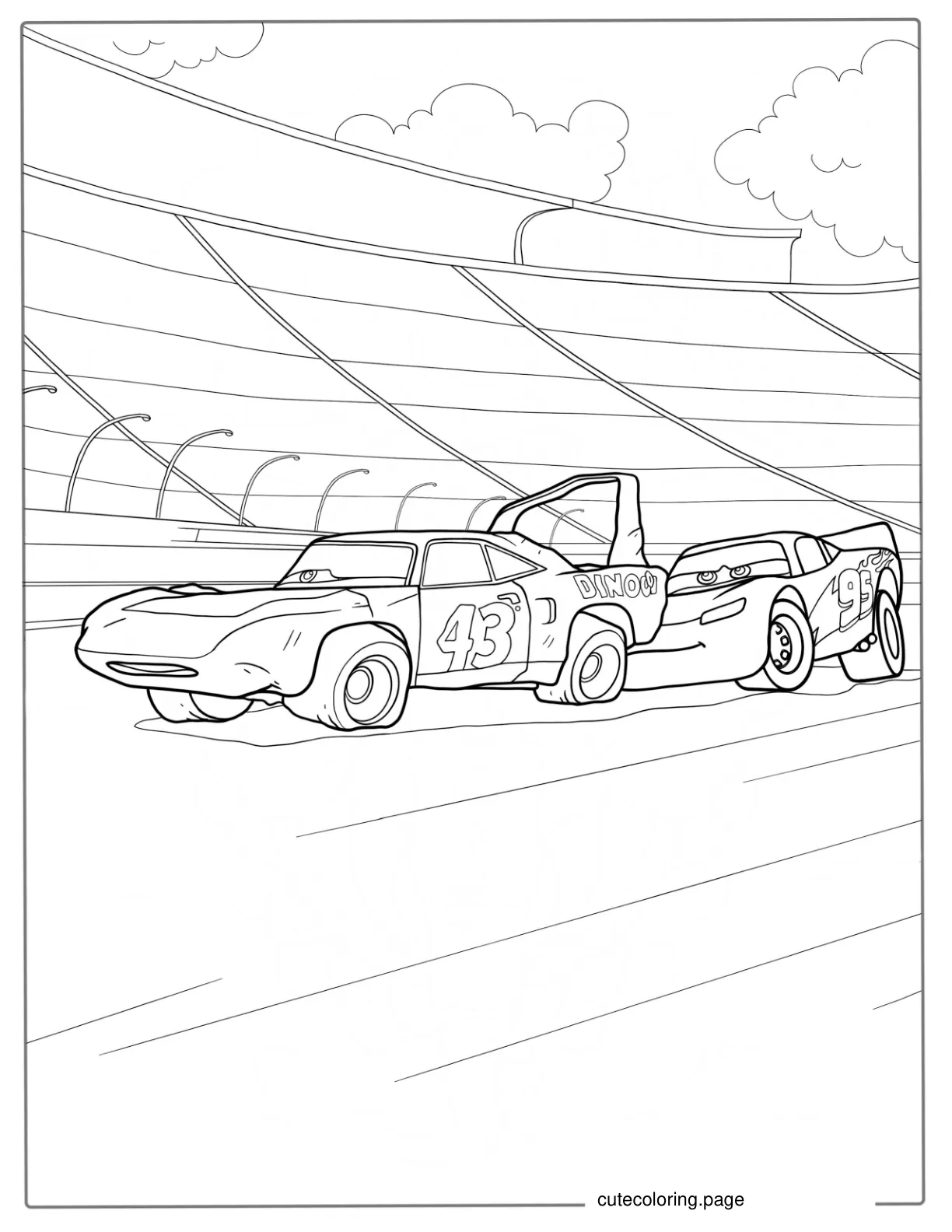 McQueen Helping The King Over The Finish Line coloring page