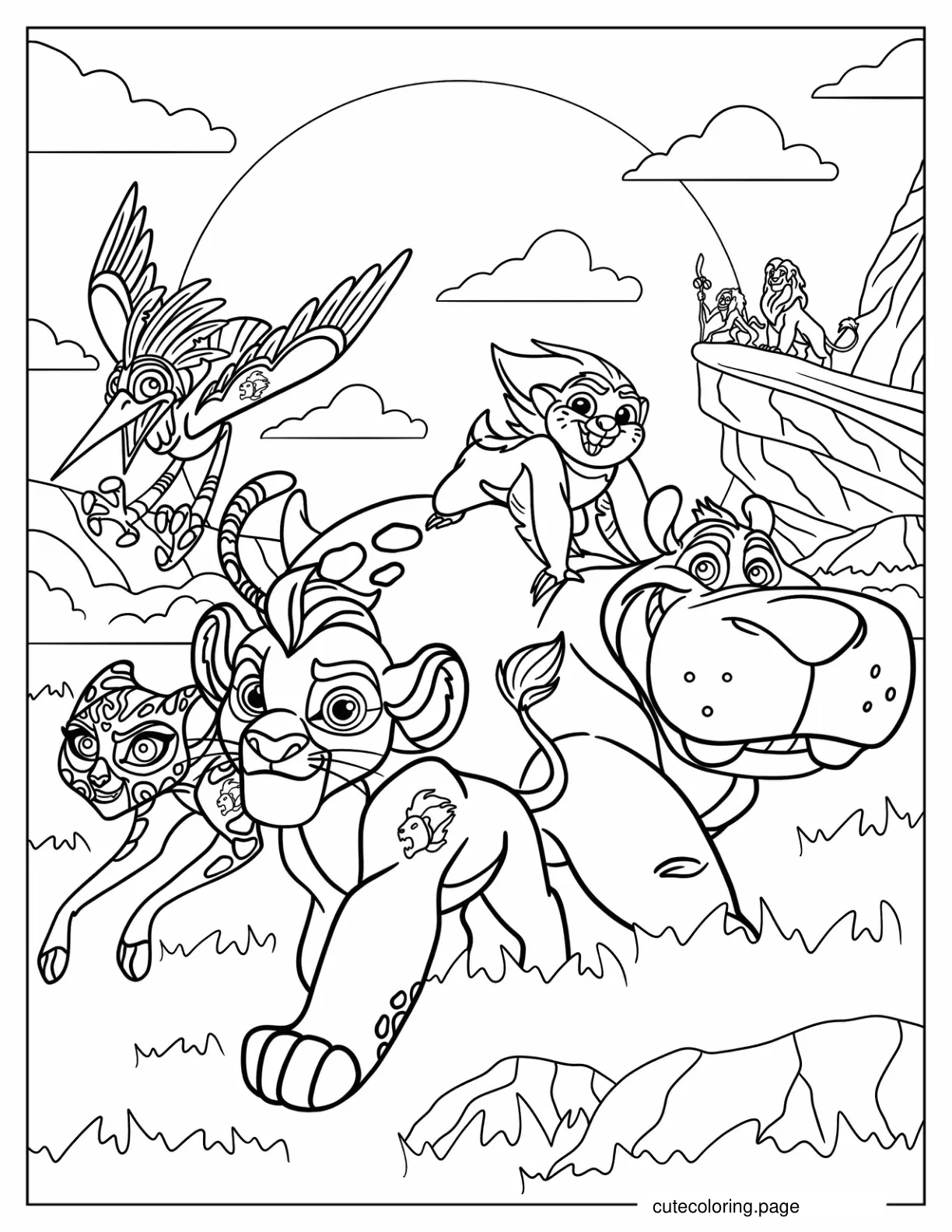 The Lion Guard Running With Simba On Pride Rock In Background coloring page