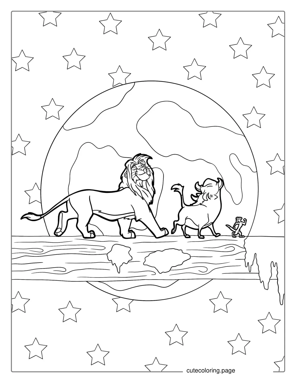 Timon Pumbaa And Simba Walking On Log To Color coloring page