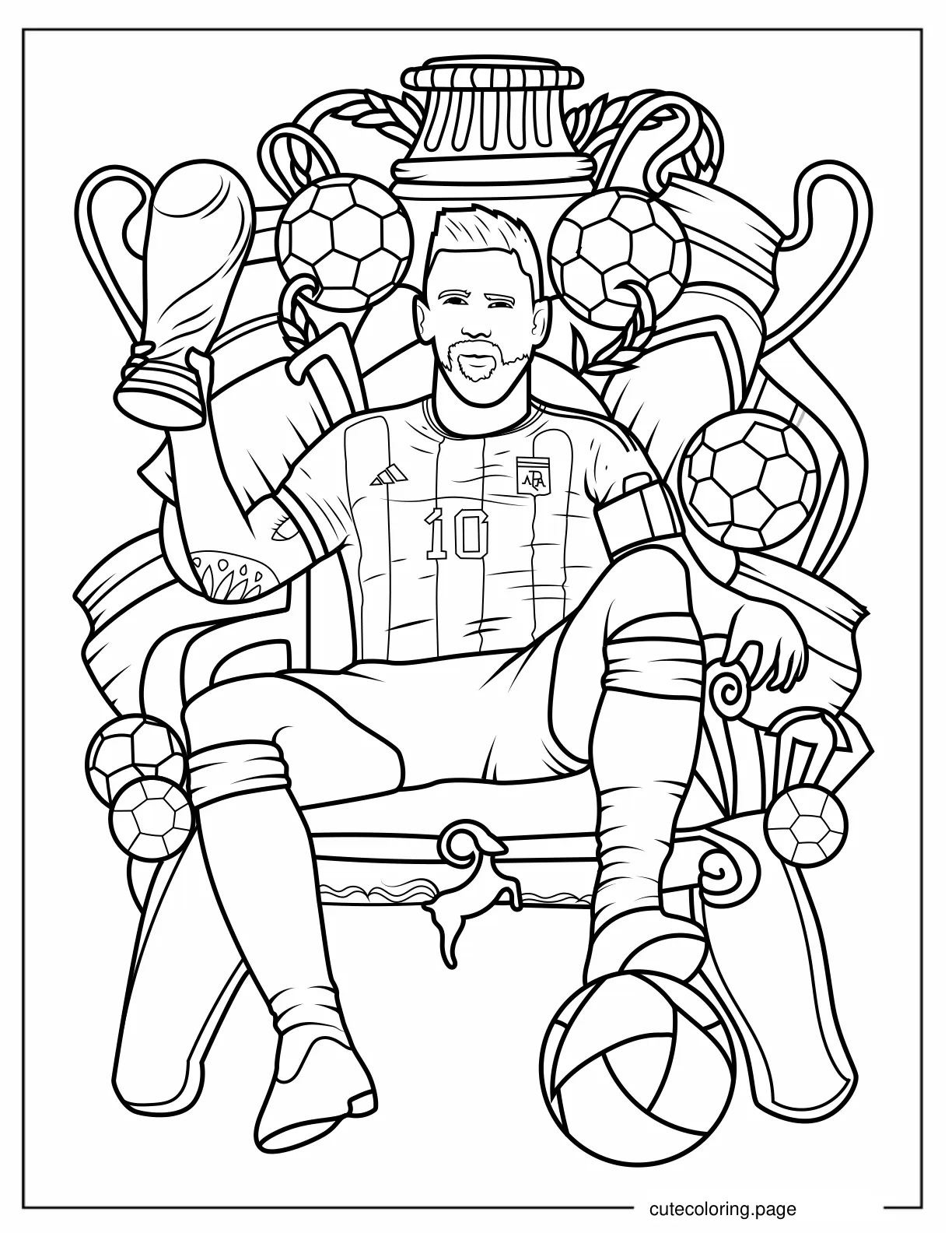 Coloring Page Of Lionel Messi On Throne With Trophy coloring page