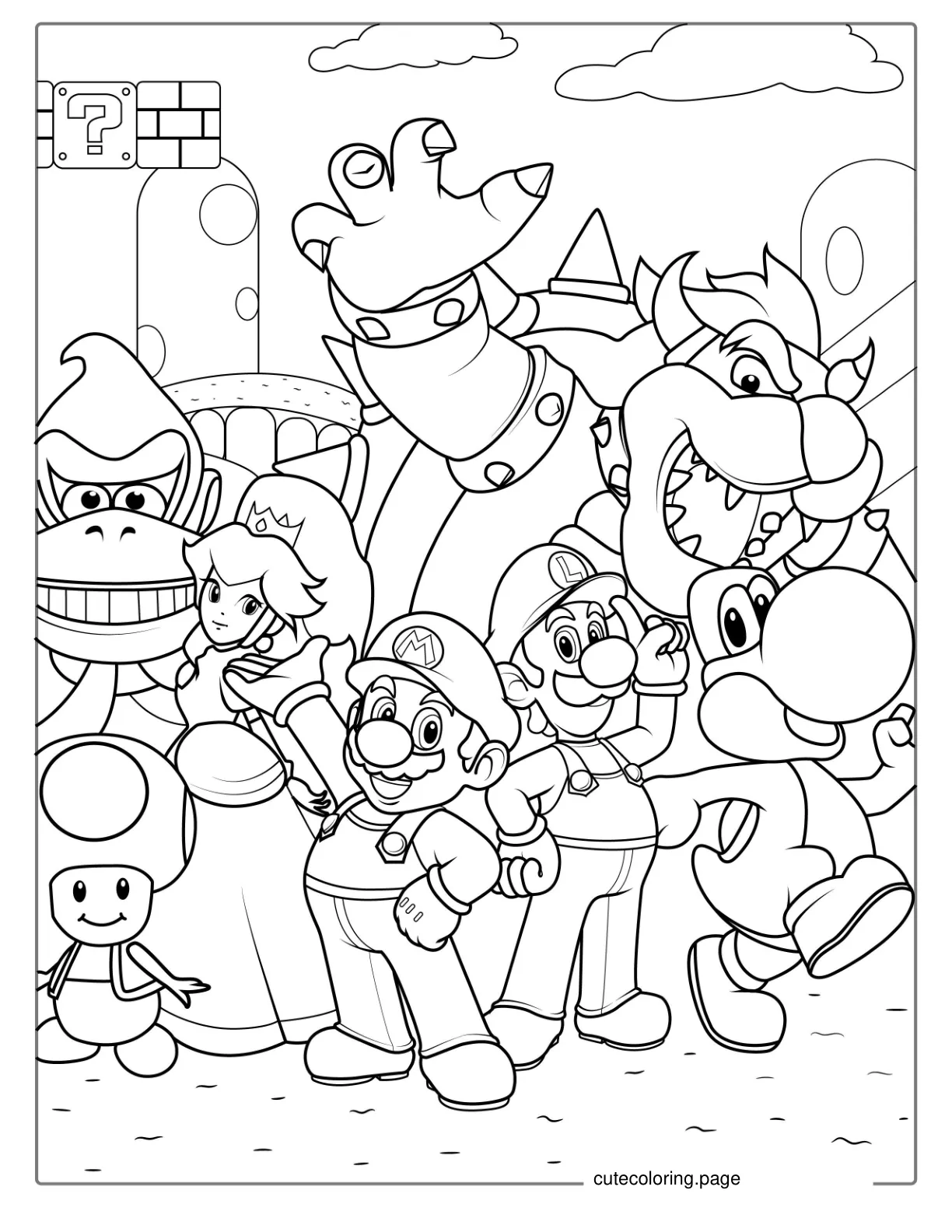 Luigi With Other Iconic Nintendo Characters coloring page