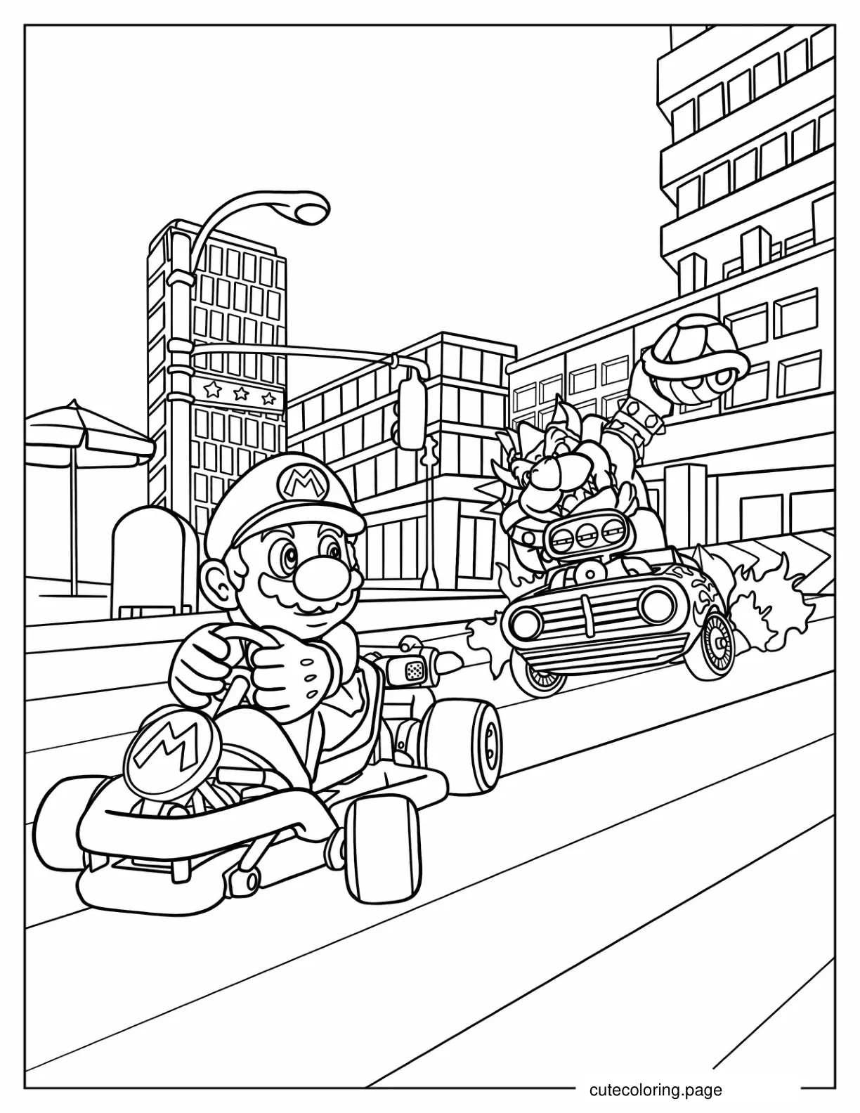 Bowser Chasing Mario With Turtle Shell To Color coloring page