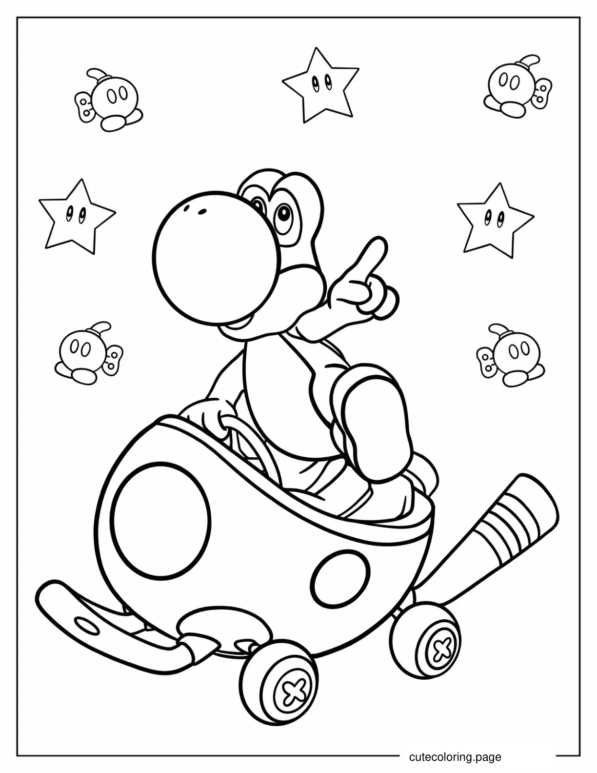 Cute Yoshi Racing In Mario Kart To Color coloring page