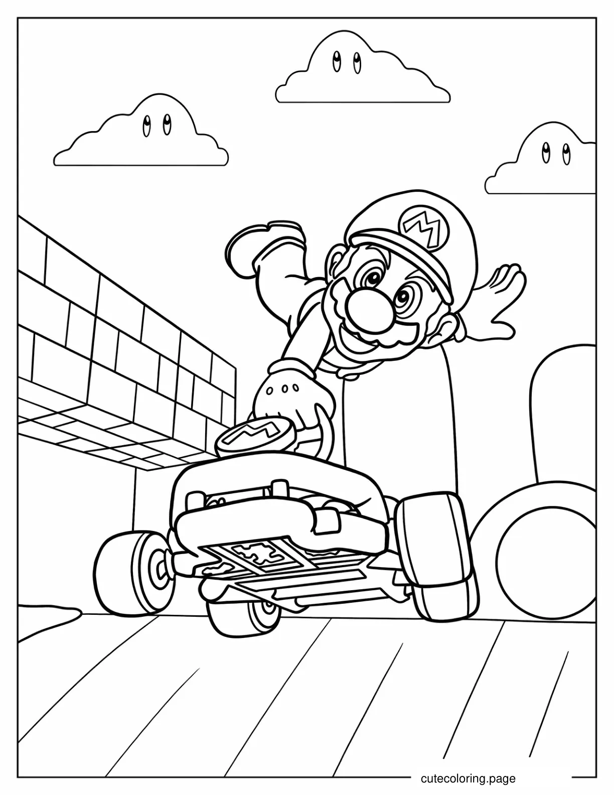 Mario Holding Onto His Go Kart coloring page