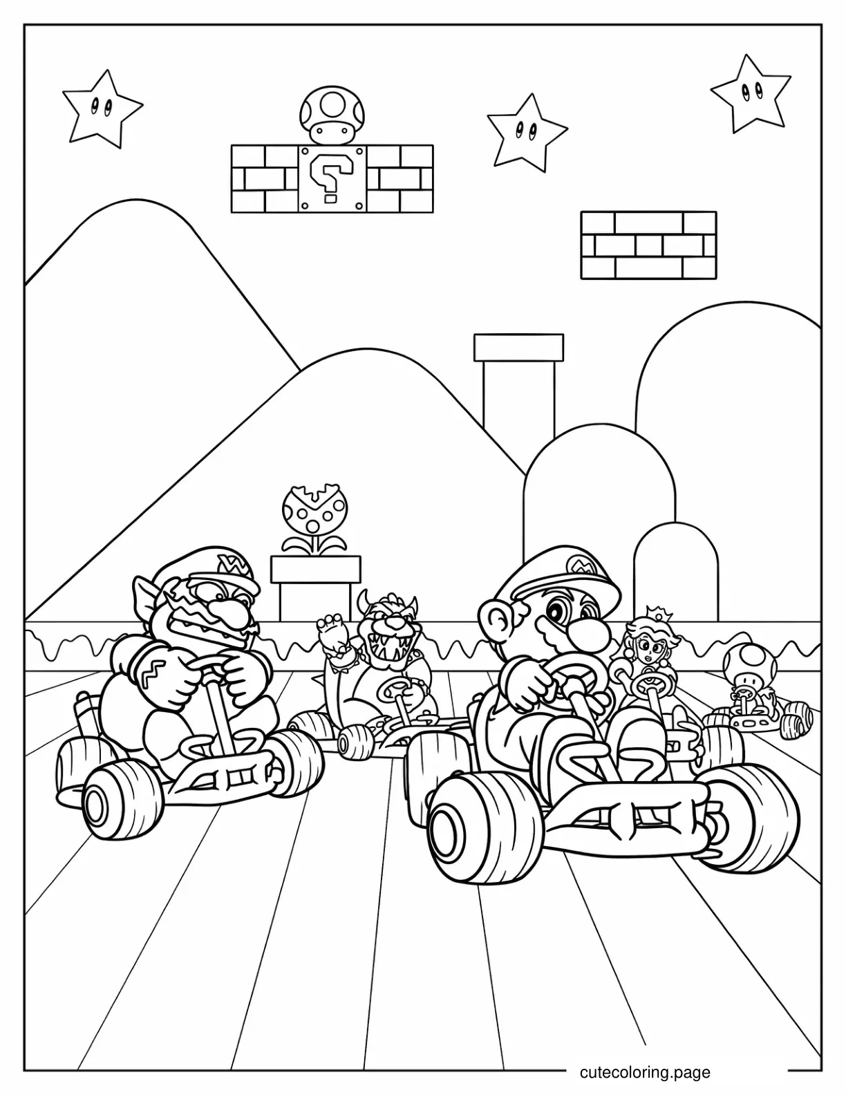 Nintendo Characters Racing In Mario Kart coloring page