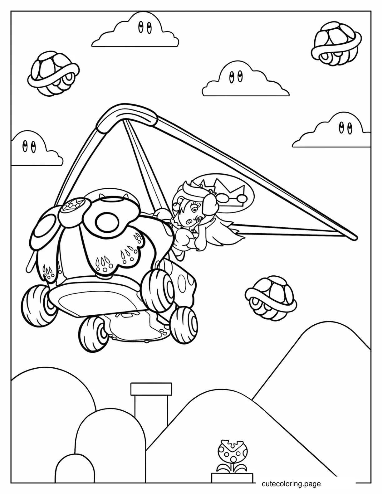 Peach Flying In Her Glider Go Kart coloring page