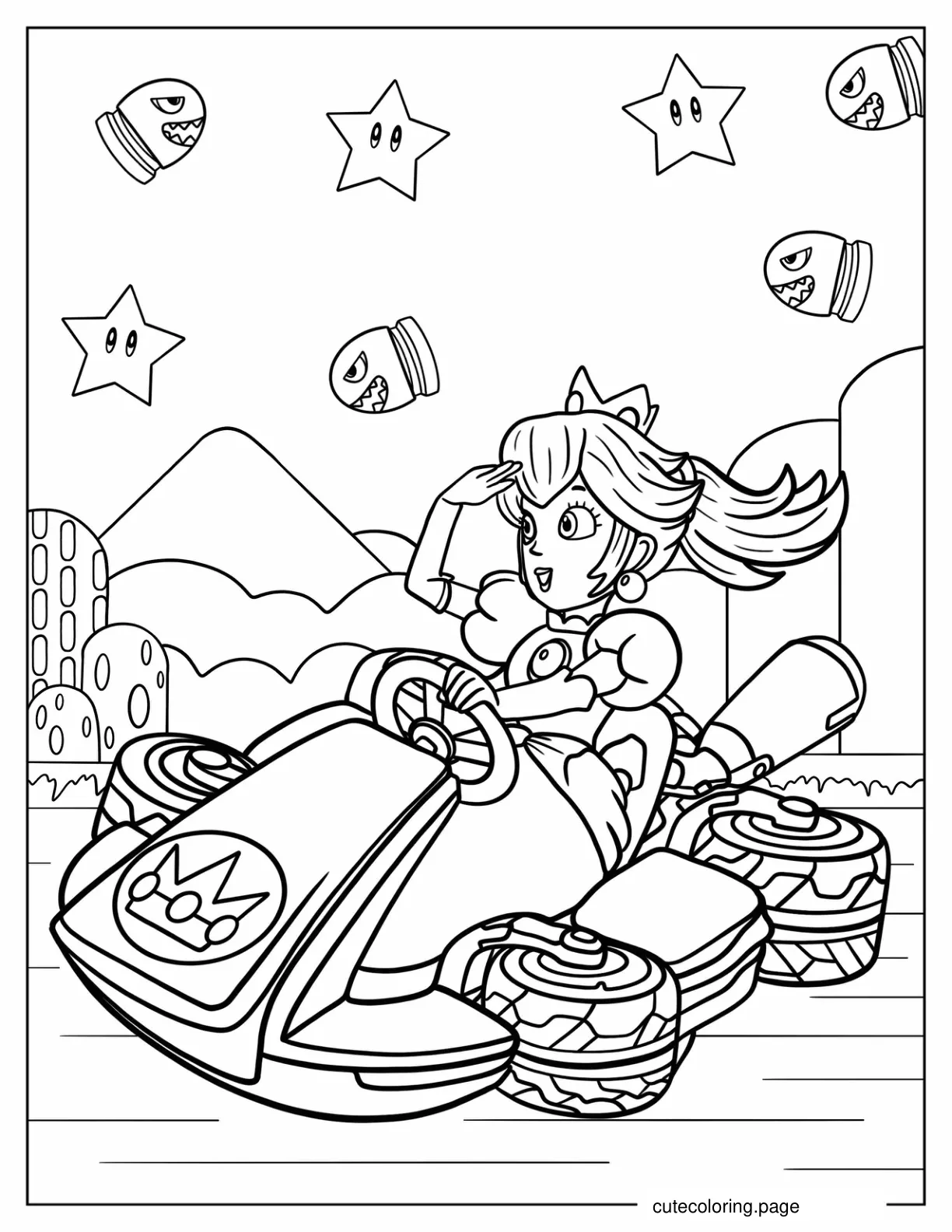 Princess Peach Driving In Mario Kart Coloring Sheet coloring page