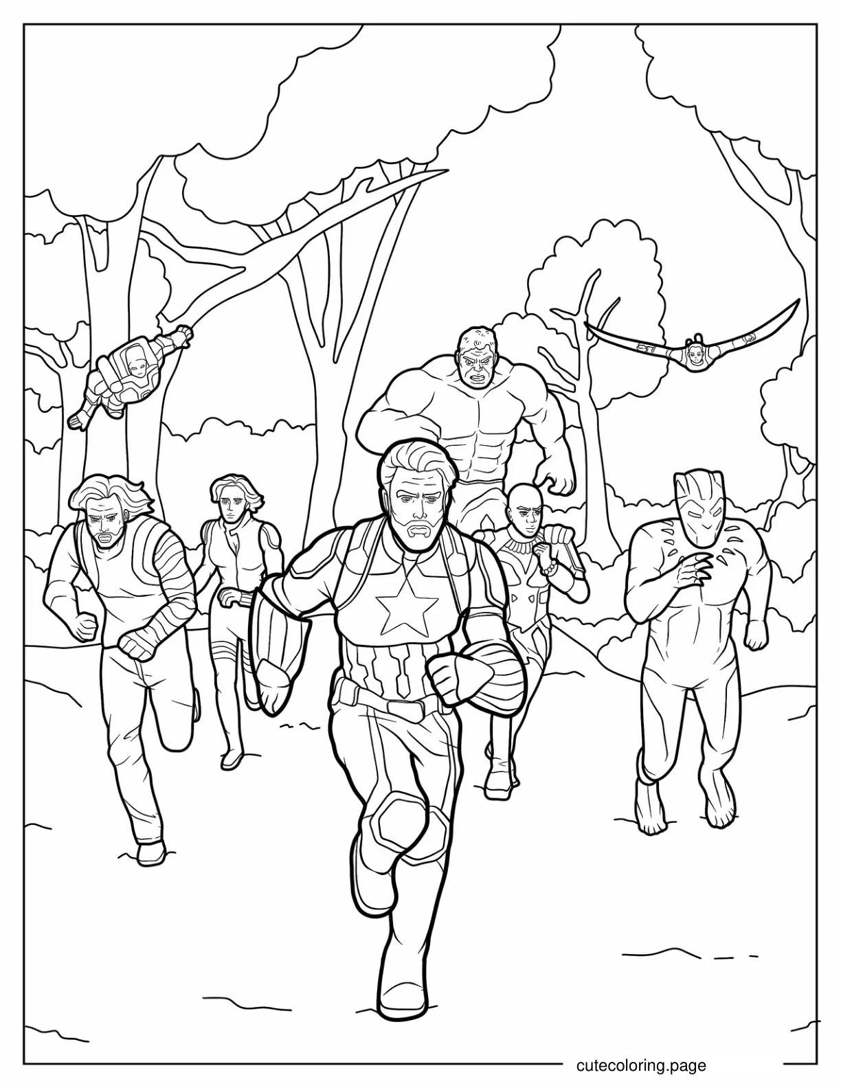 Avengers Running Led By Captain America In Infinity War coloring page