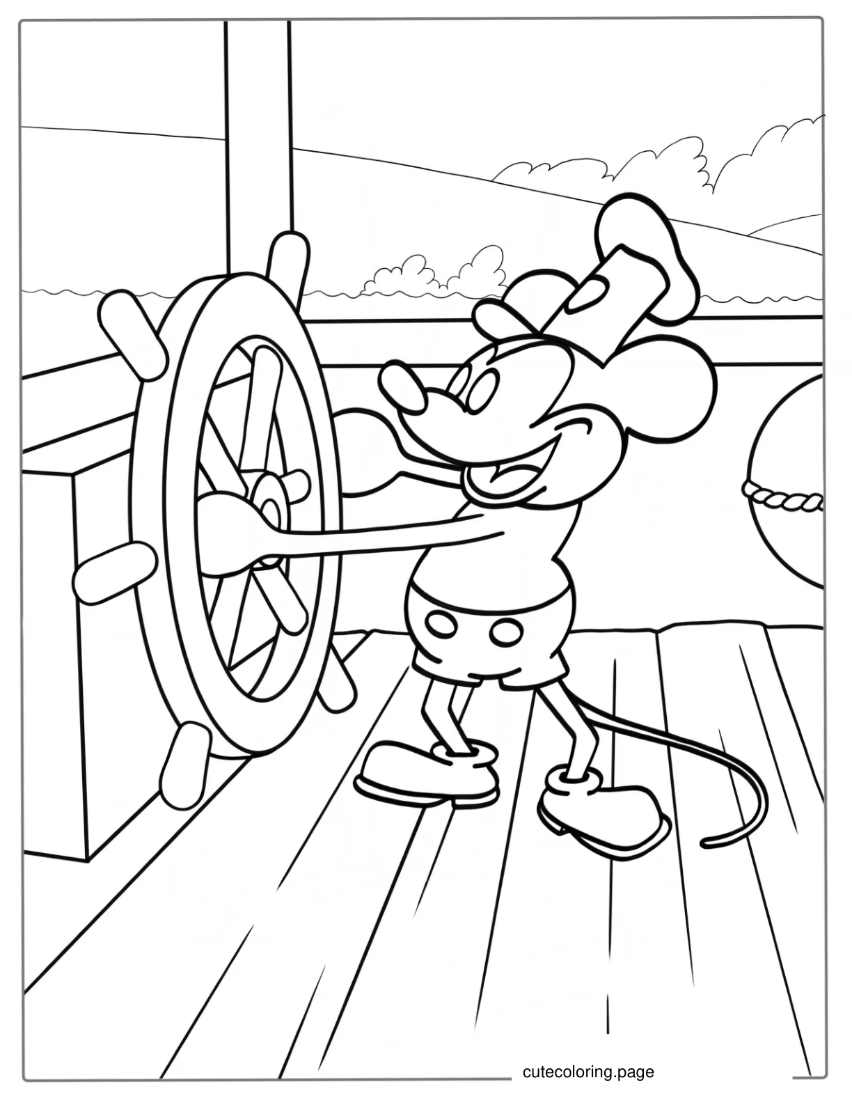 Coloring Page Of Vintage Mickey Mouse On Steam Boat coloring page