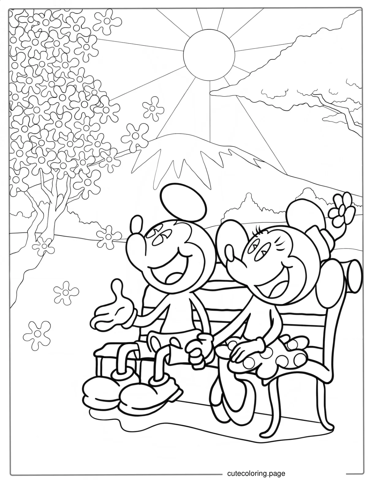 Mickey And Minnie Mouse Sitting On Bench To Color coloring page