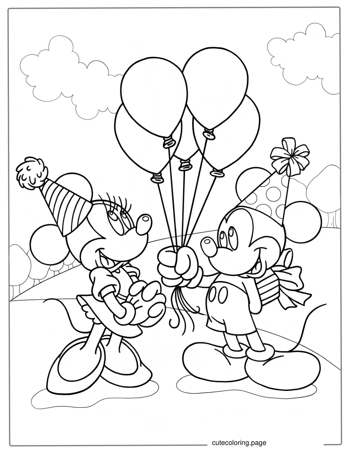 Mickey And Minnie With Birthday Balloons To Color coloring page