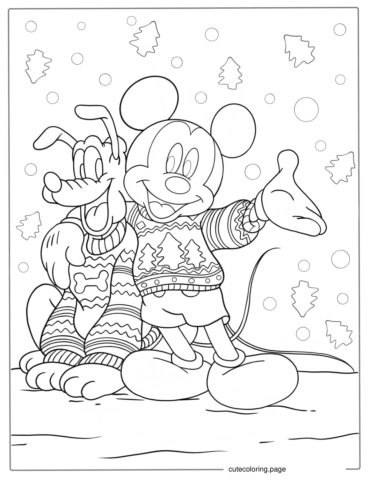 Mickey Mouse And Pluto Wearing Christmas Sweaters coloring page