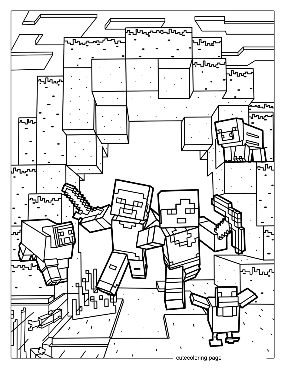 Alex And Steve Surrounded By Minecraft Blocks Coloring coloring page