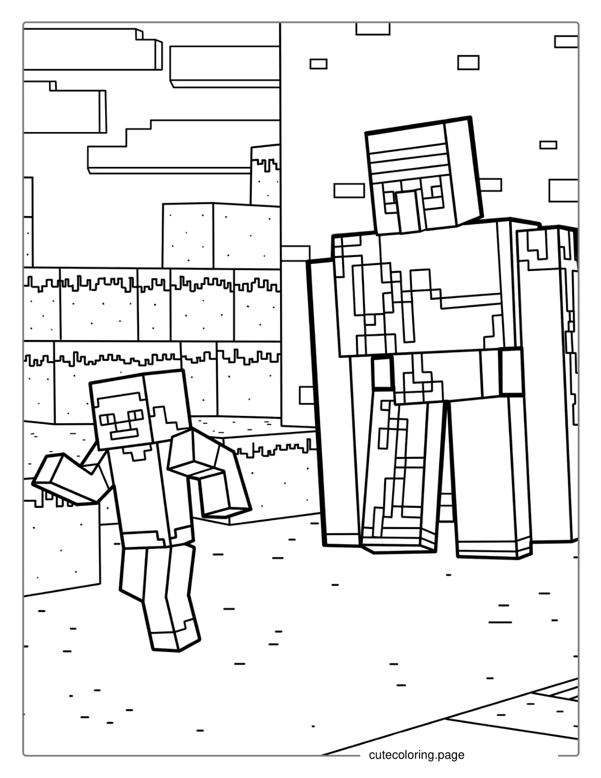 Iron Golem And Minecraft Steve Coloring Page coloring page