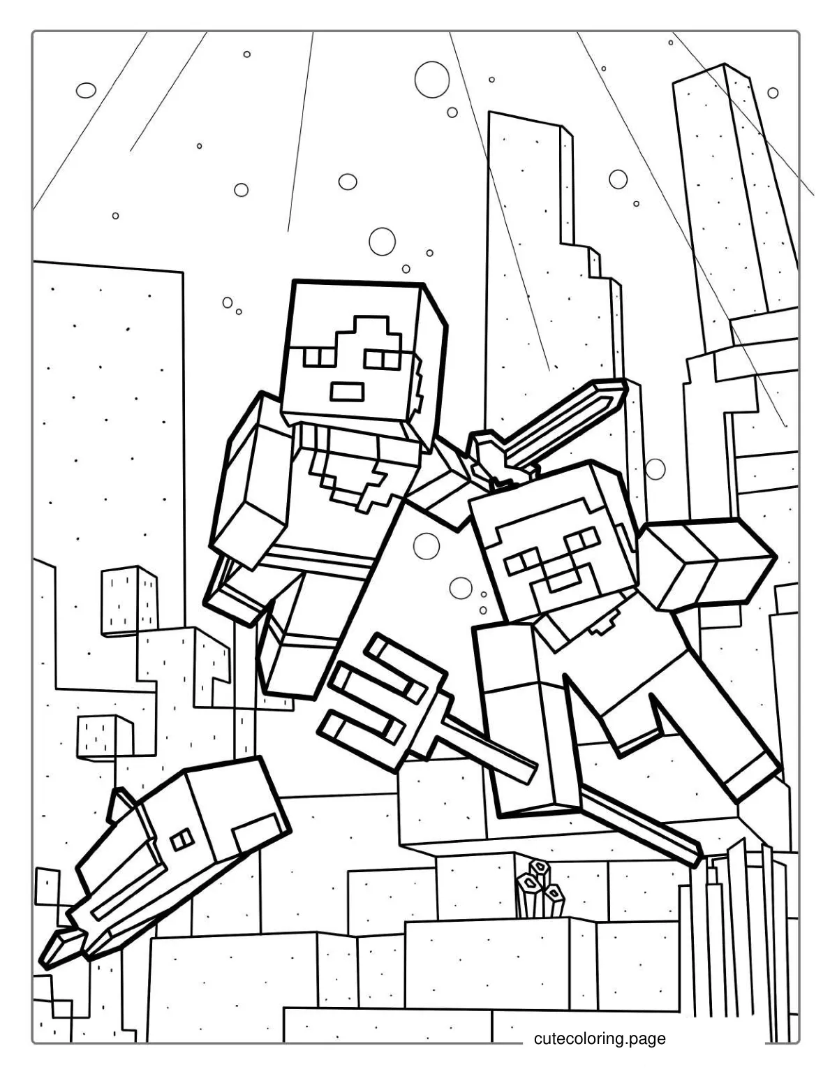 Minecraft Aquatic Theme With Alex And Steve Coloring coloring page