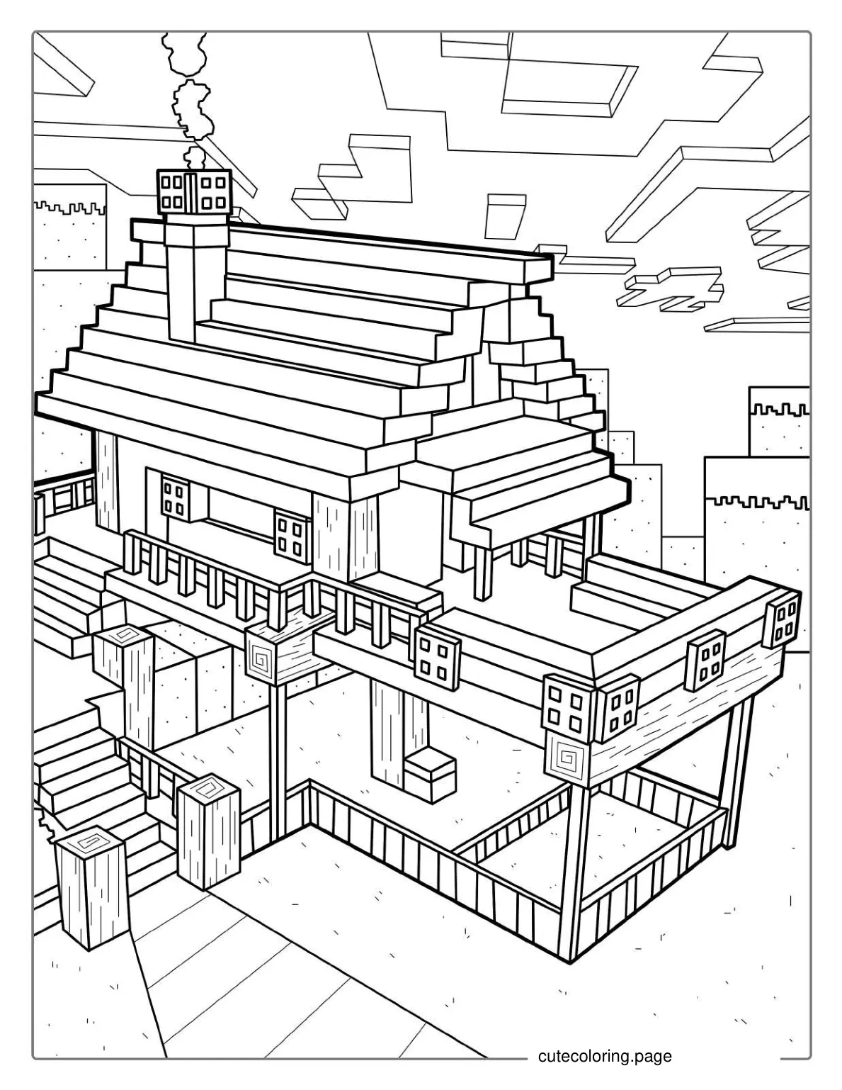 Minecraft Log Cabin House Coloring For Kids coloring page