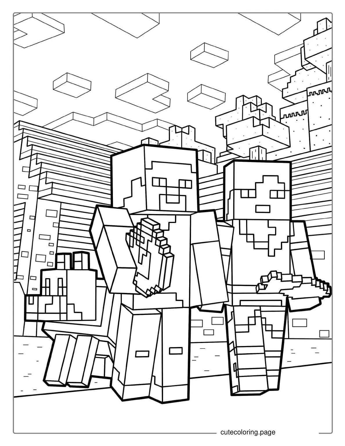 Minecraft Steve Alex And Wolf Coloring Page coloring page