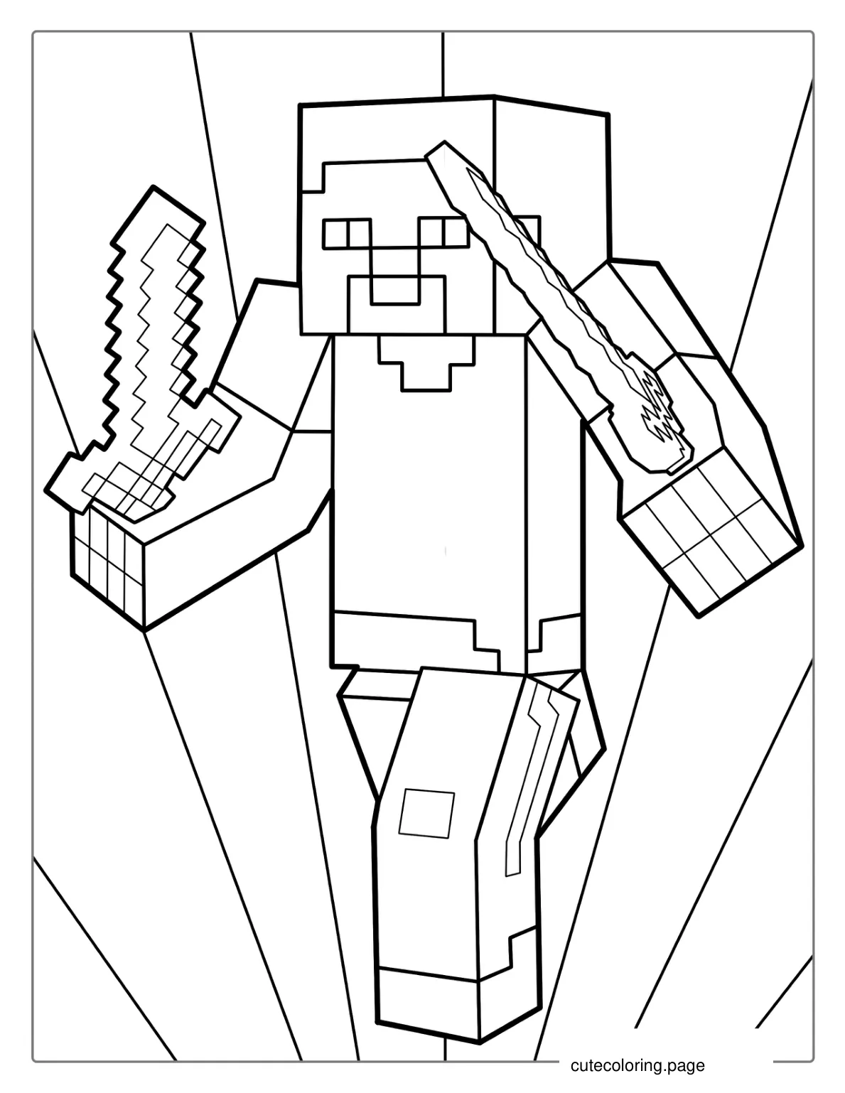 Minecraft Steve Holding Swords Coloring Sheet coloring page