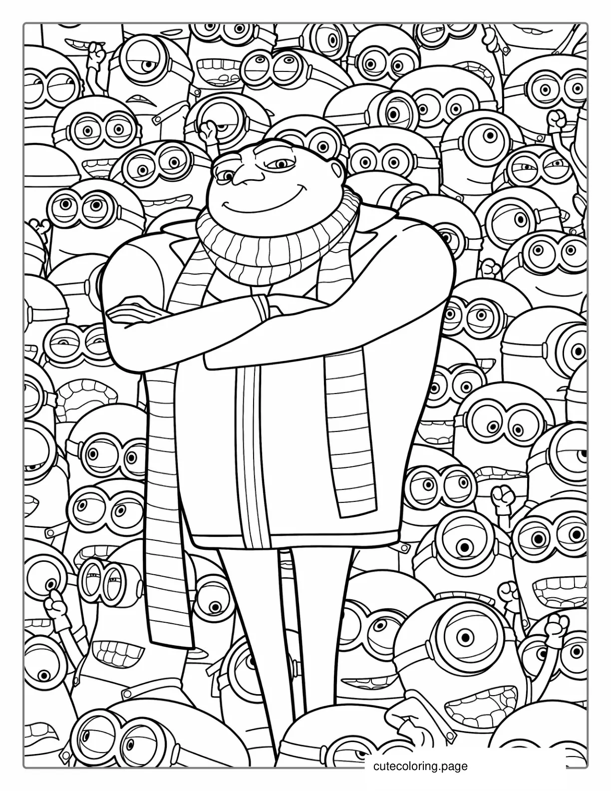 Detailed Coloring Page Of Gru With Minions For Adults coloring page