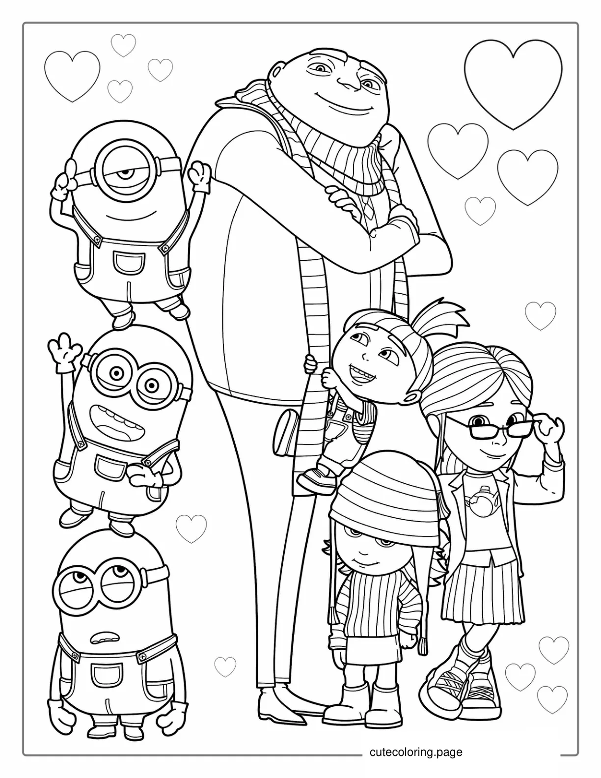 Gru With Minions And Foster Girls To Color coloring page