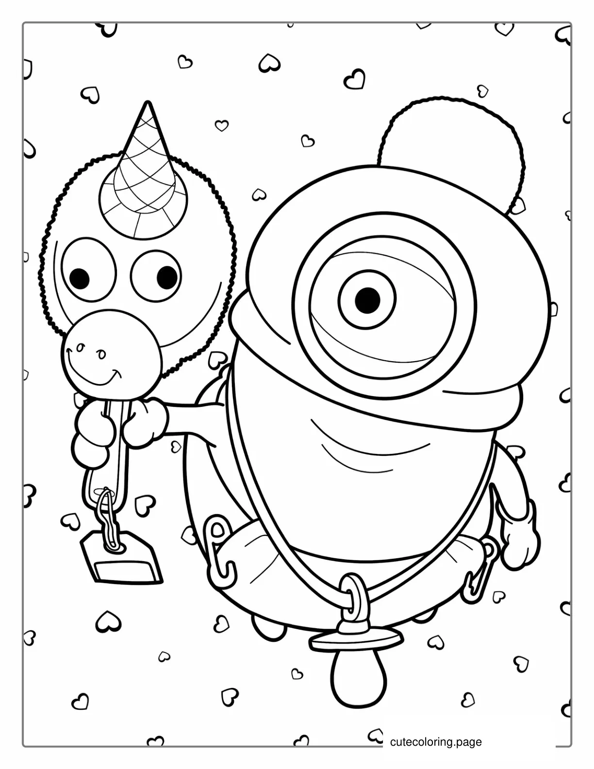 Minion Stuart Dressed As Baby Holding Unicorn Toy coloring page