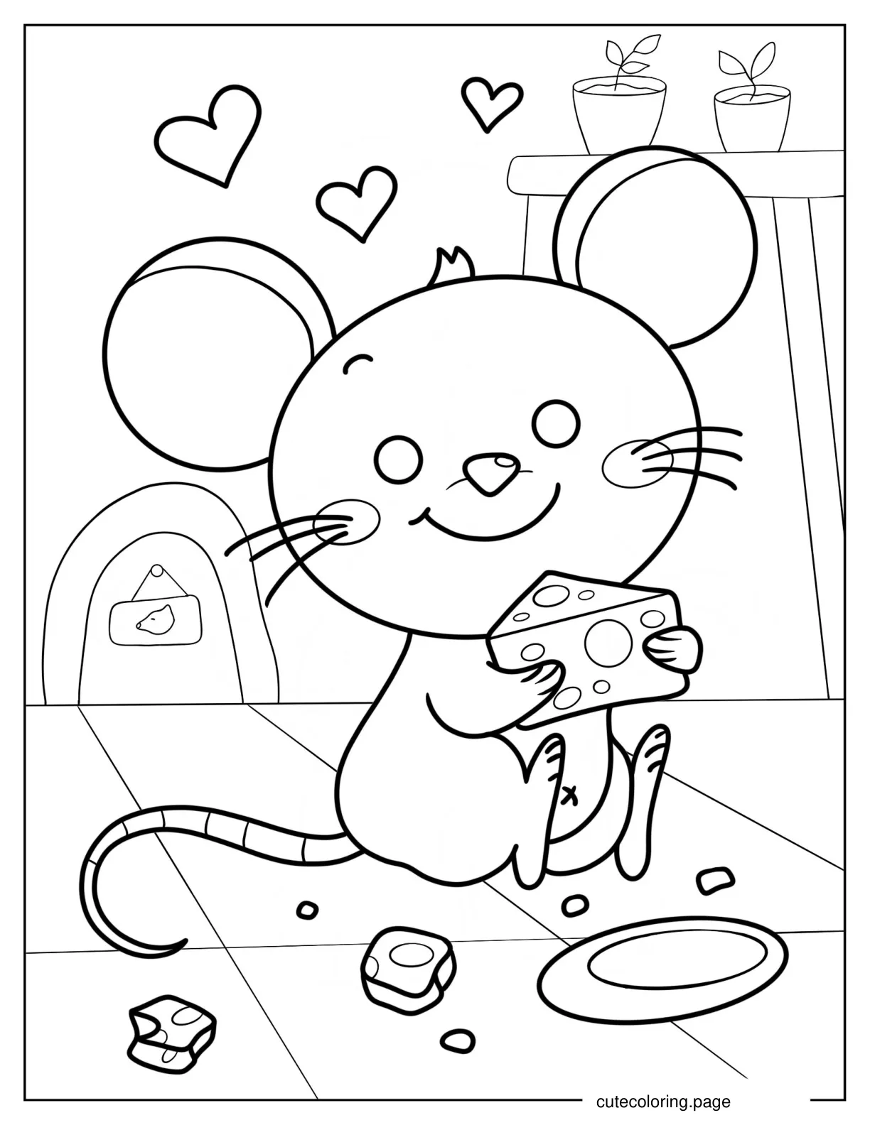 Cute Mouse Hugging Cheese Coloring Sheet coloring page