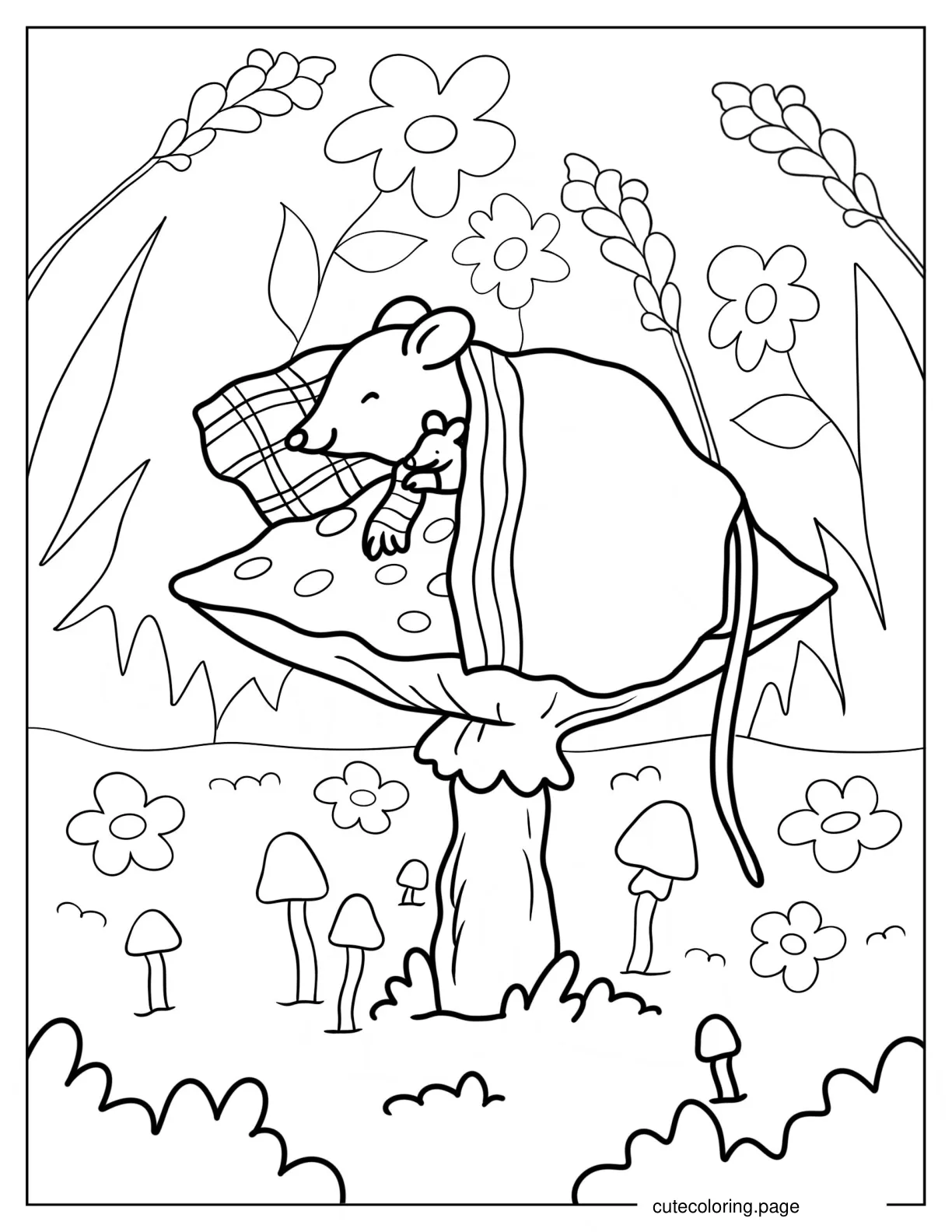 Mommy Mouse With Baby Mouse On Top Of Mushroom coloring page