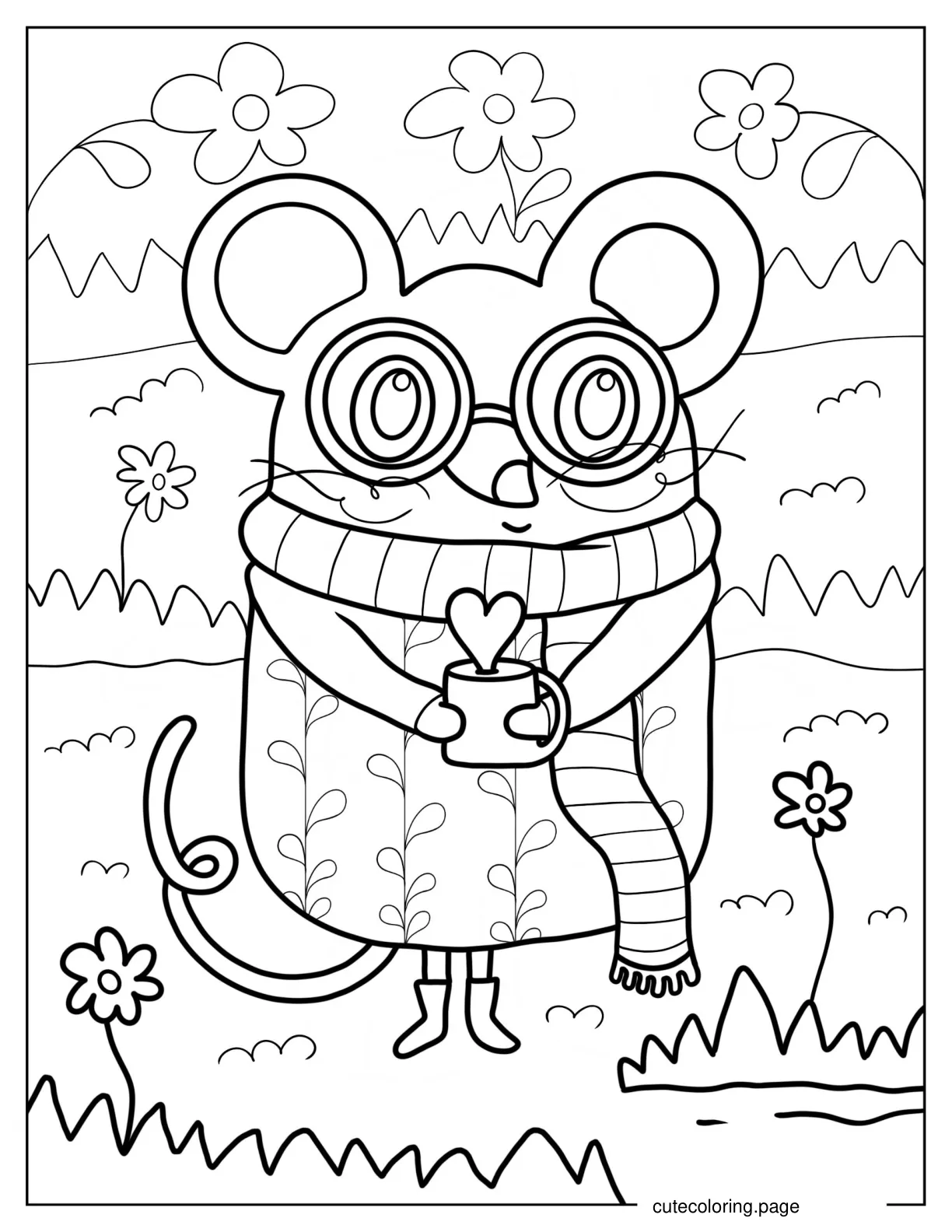 Nerdy Mouse In Scarf And Sweater Holding Mug coloring page