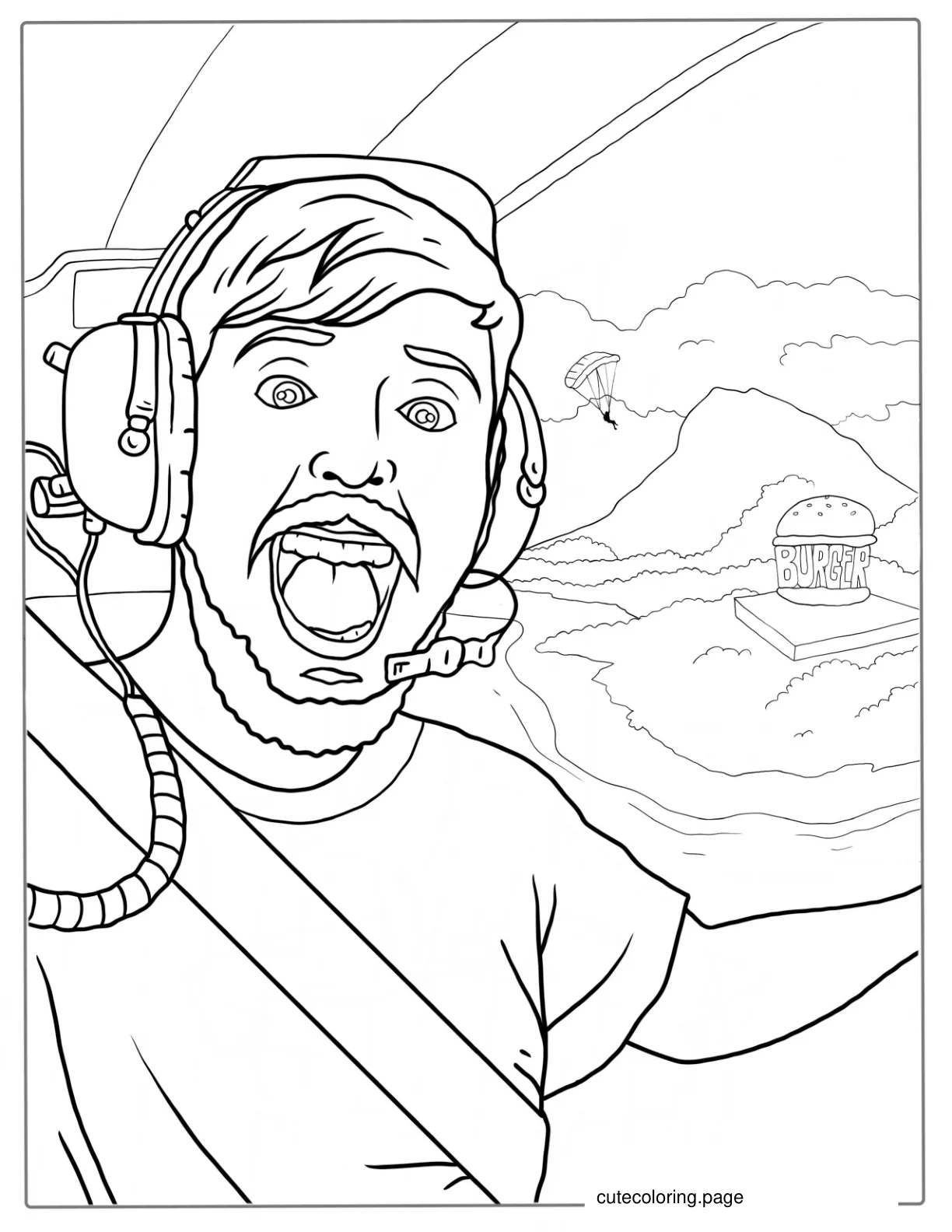 Mr Beast Flying Over Island To Color coloring page