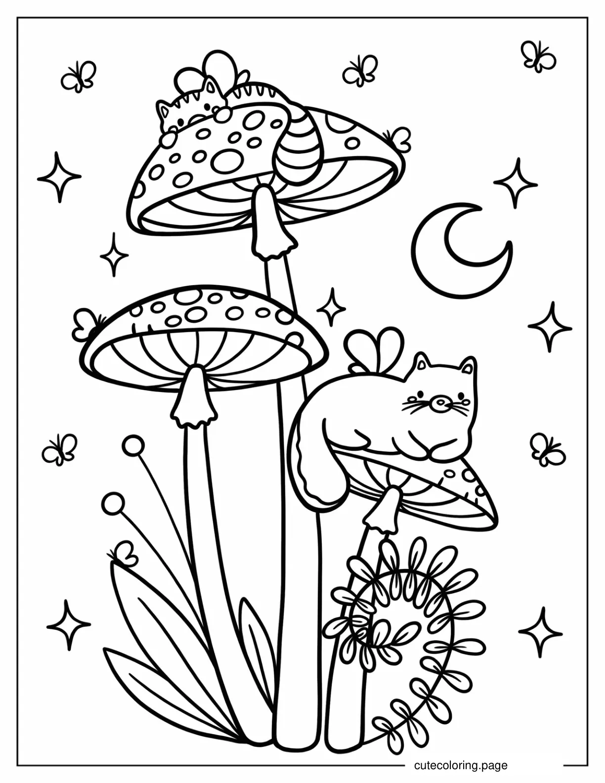 Cute Cats Sitting On Mushrooms coloring page