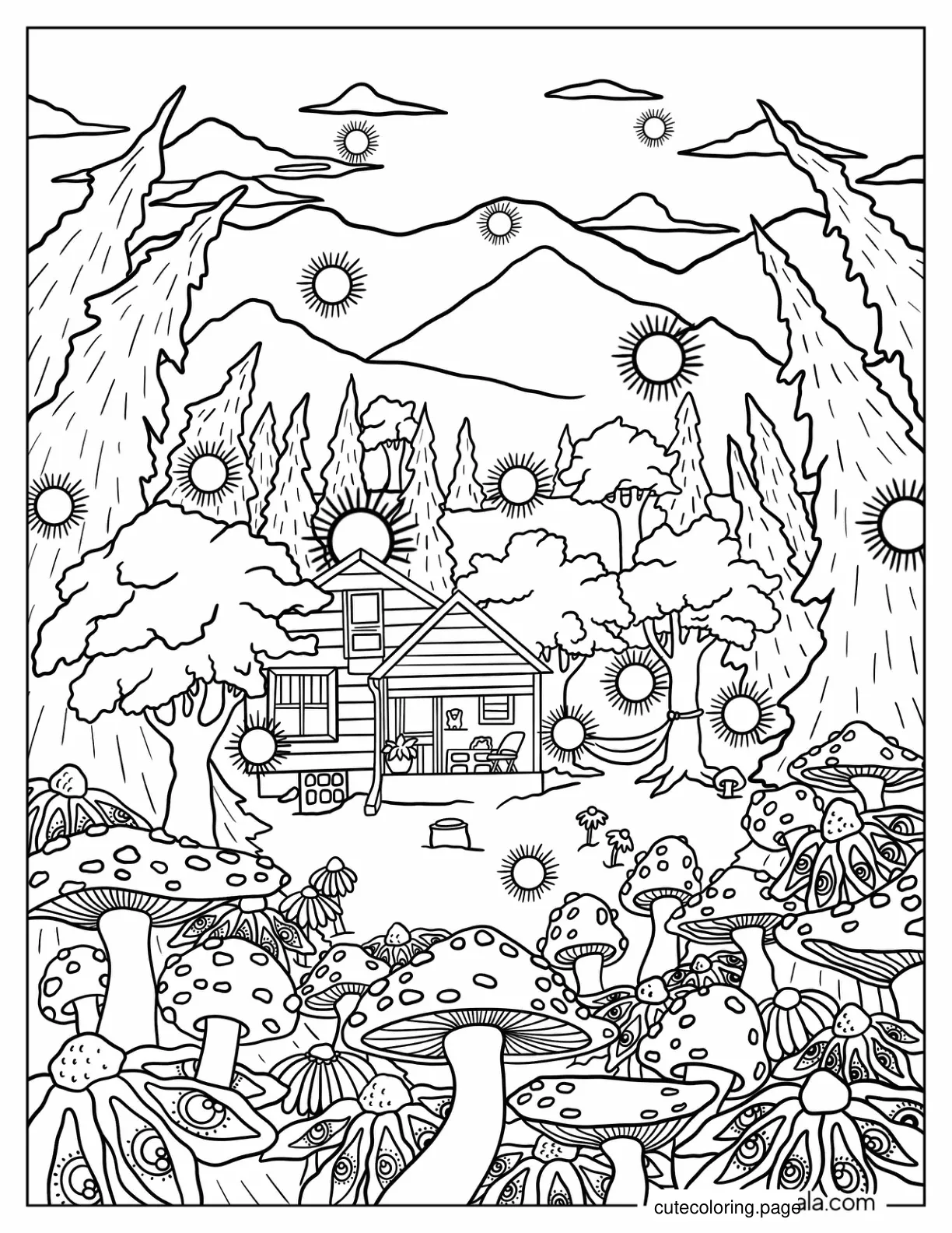 Detailed Full Page Trippy Mushroom Coloring Page coloring page