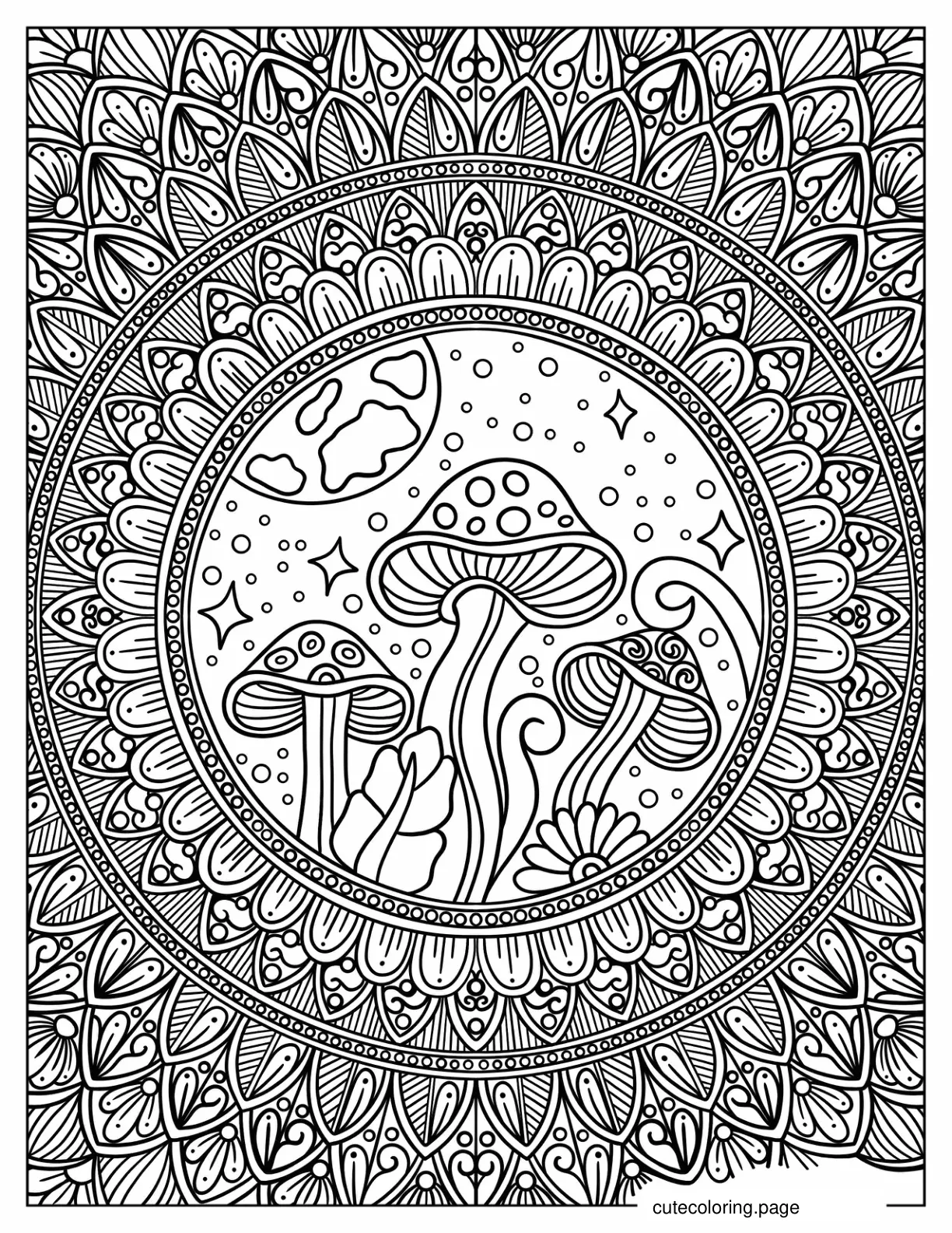 Detailed Mushroom Mandala For Adults coloring page