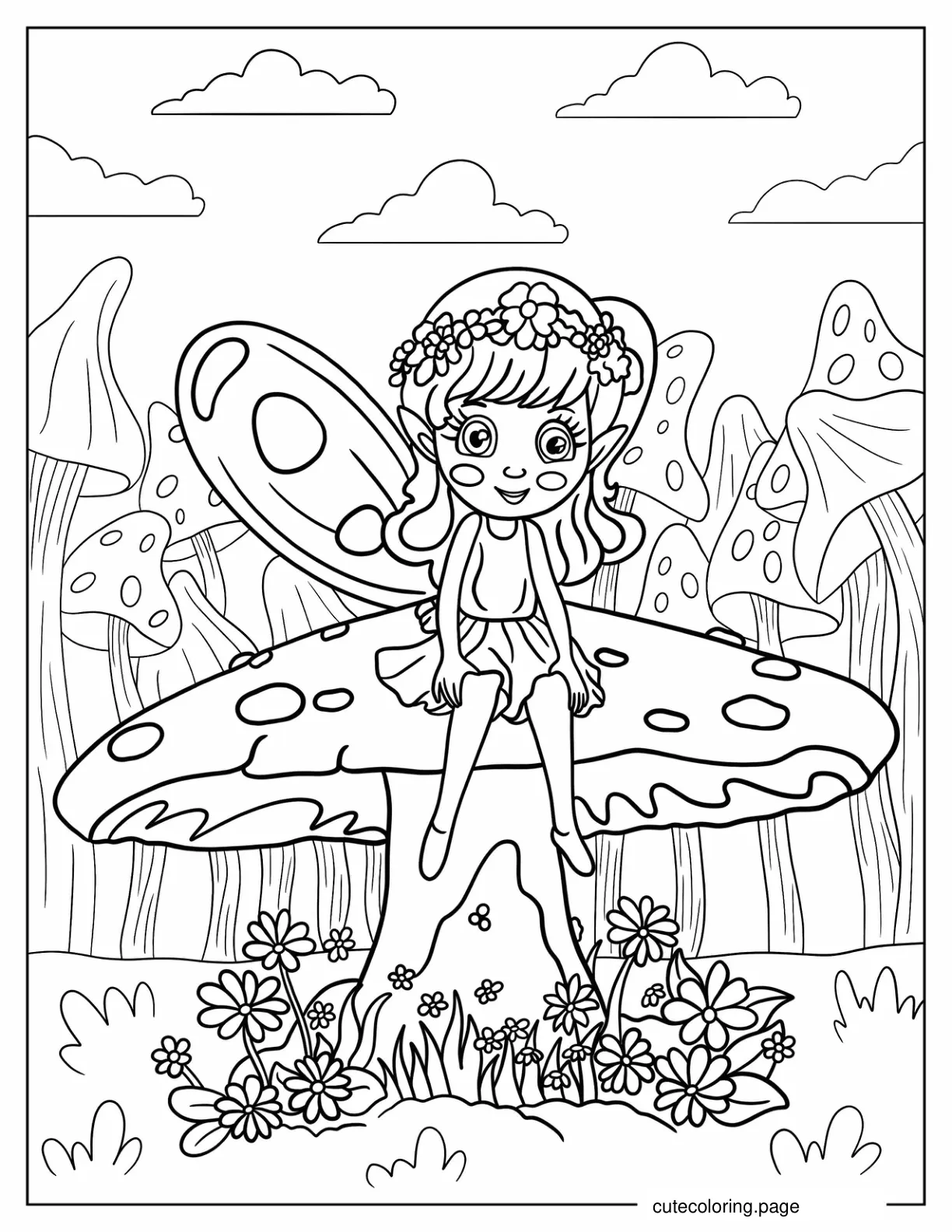 Magical Fairy Sitting On Mushroom coloring page