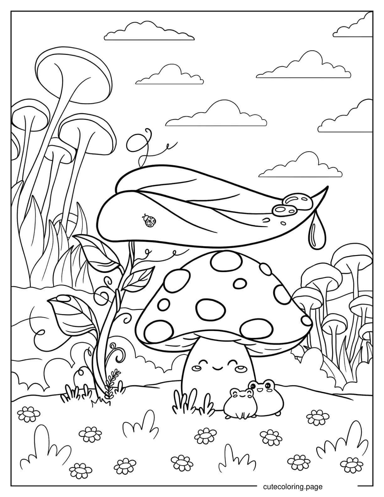 Smiling Mushroom With Cute Frogs coloring page