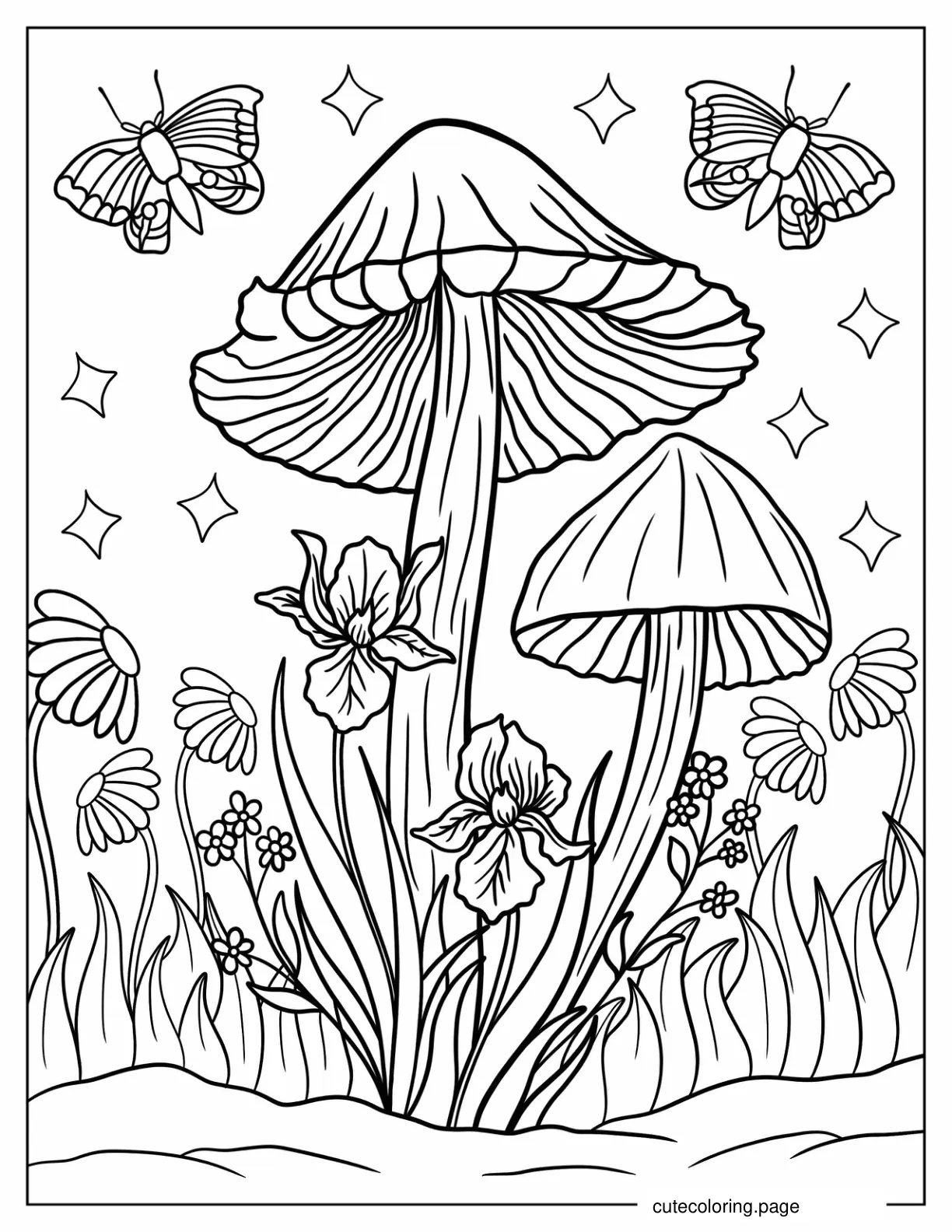 Tall Mushrooms With Butterflies coloring page