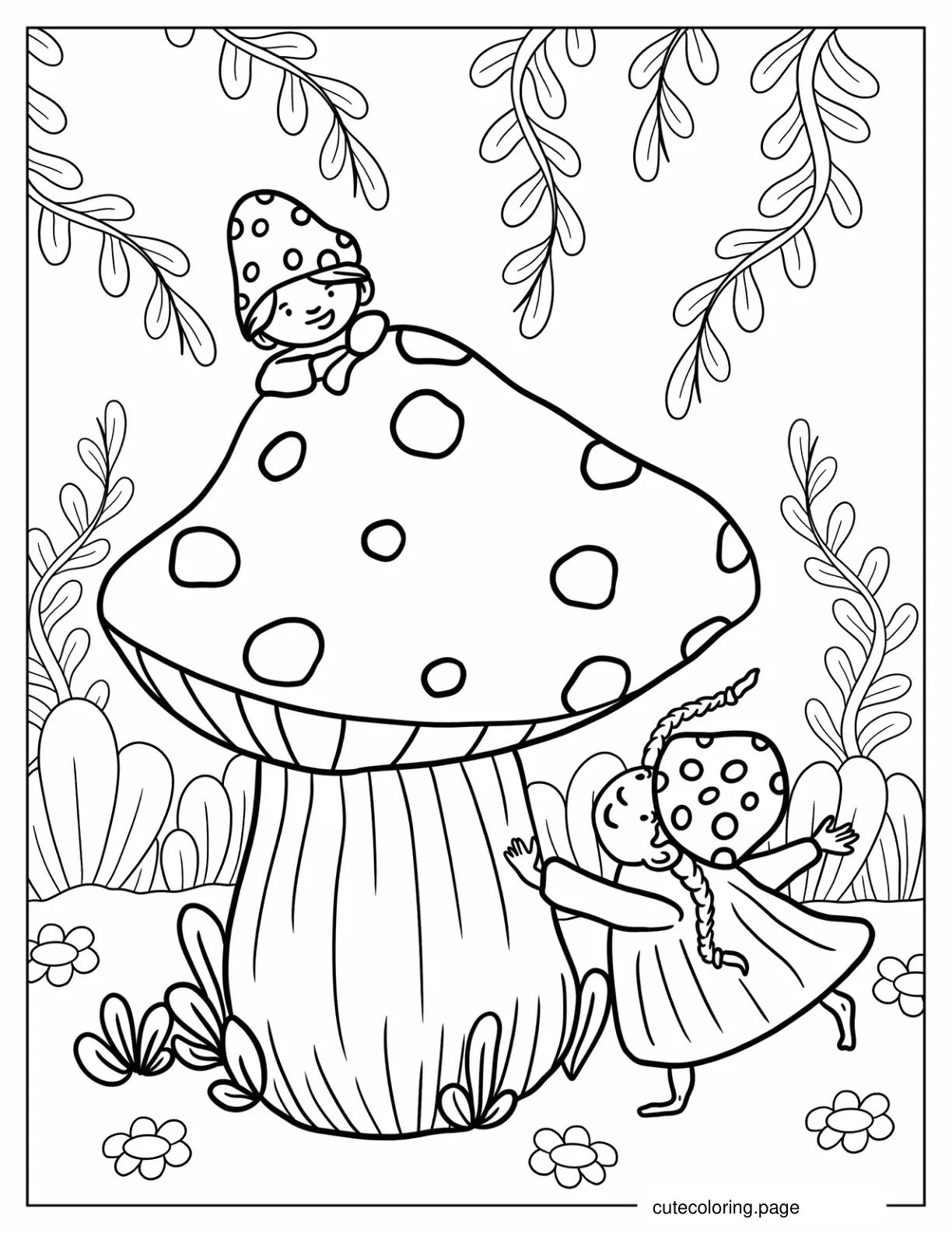 Two Children Playing With Enchanted Mushroom coloring page