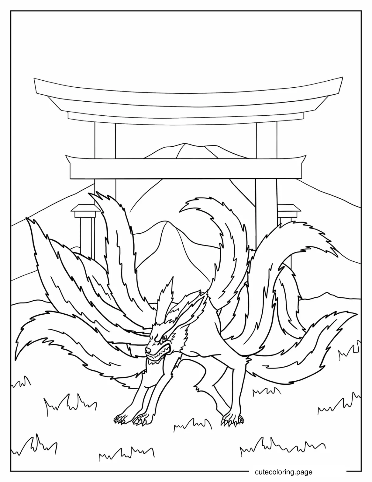 Detailed Kurama Nine Tails In Front Of Torii coloring page