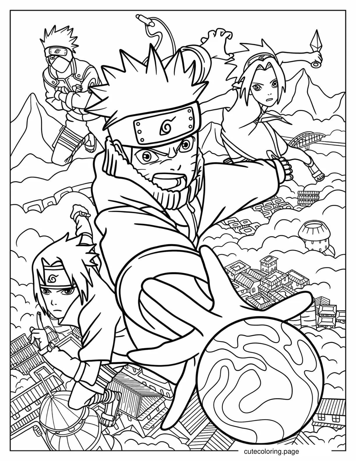 Naruto Sasuke Sakura And Kakashi In Fight coloring page