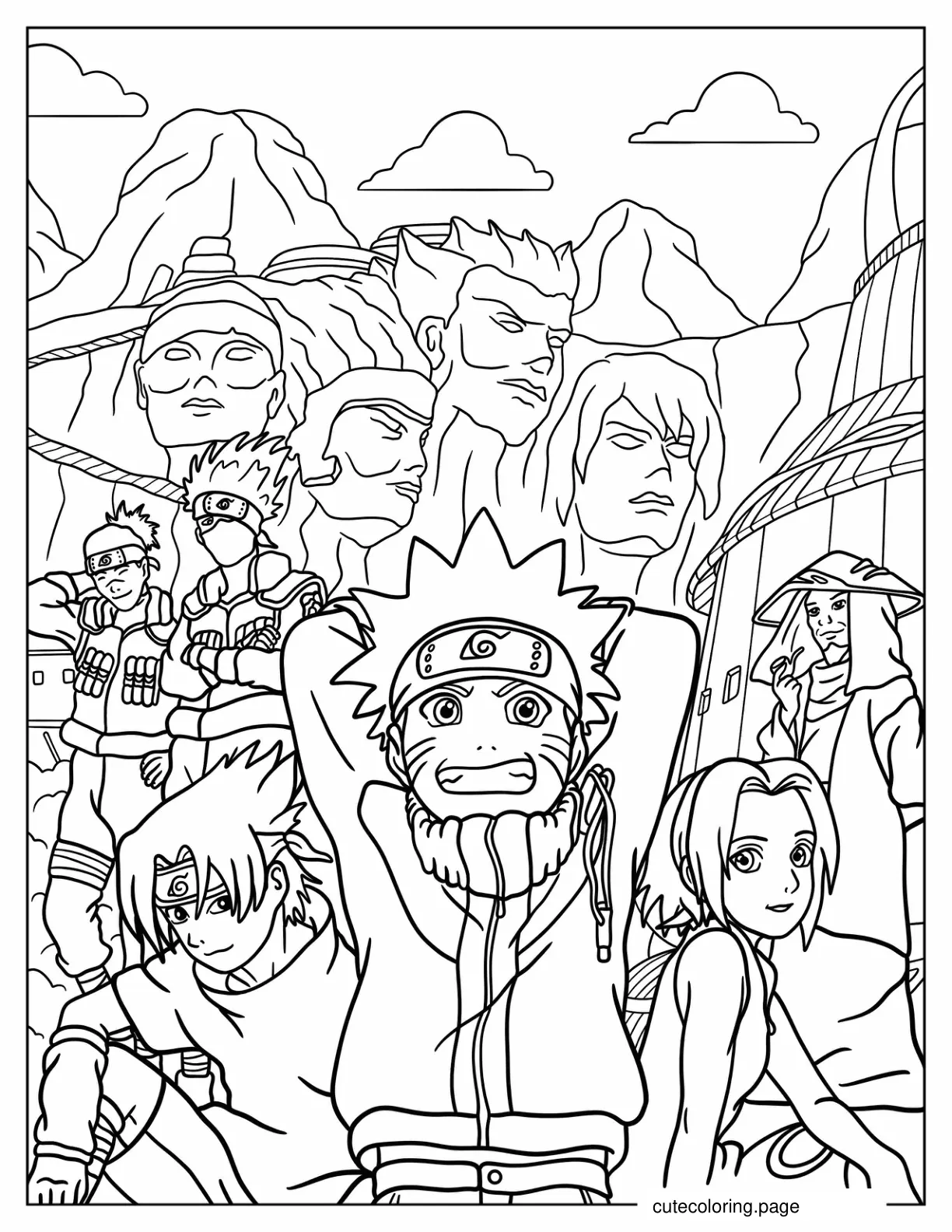 Team Seven With Kakashi Iruka And Third Hokage coloring page