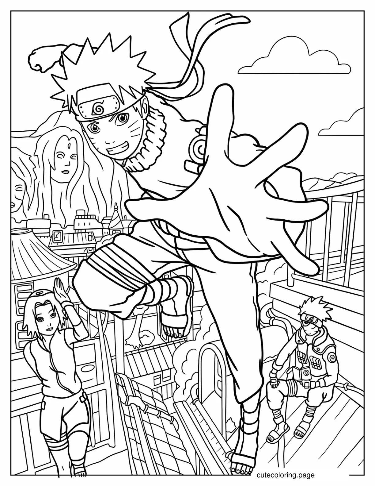 Teenage Naruto With Sakura And Kakashi In Konoha coloring page