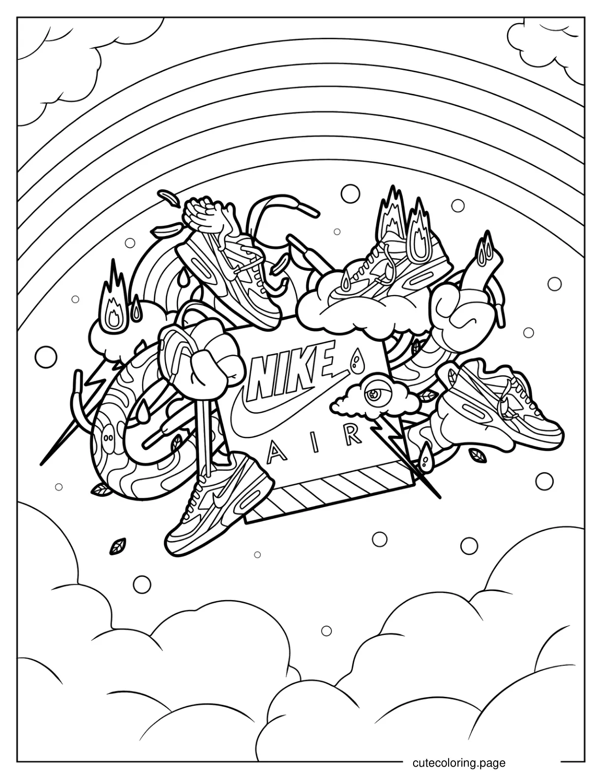 Nike Air Shoes With Hippie Wings And Rainbows coloring page