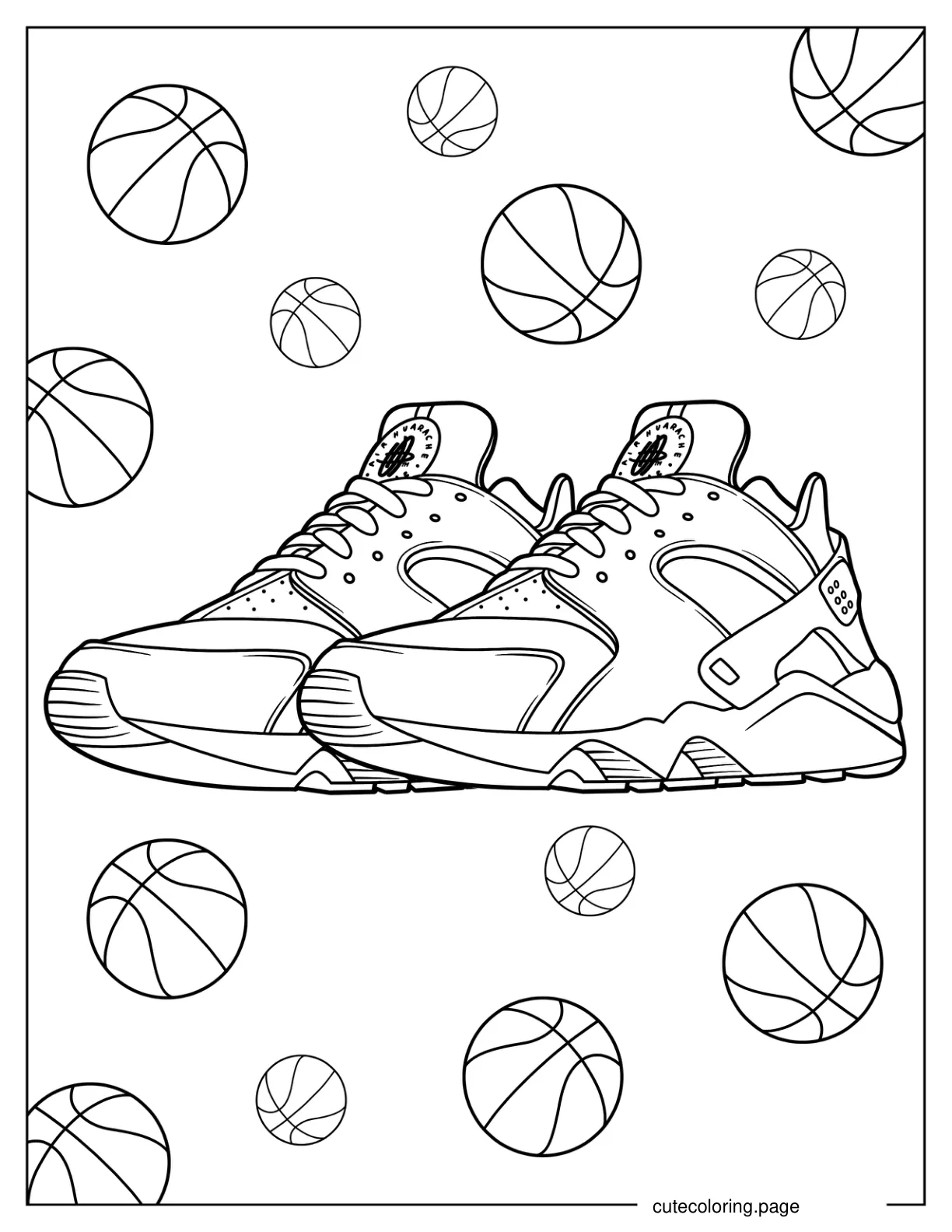 Pair Of Nike Air Huarache With Basketballs Coloring Sheet coloring page