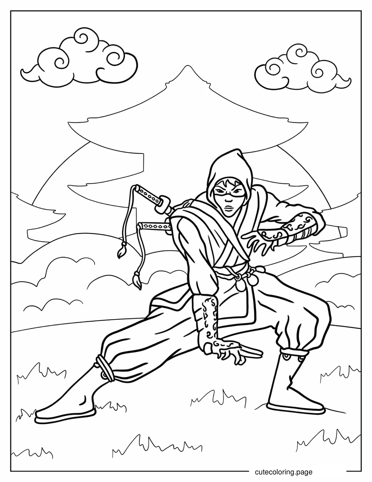 Coloring Sheet Of Detailed Ninja With Weapon coloring page