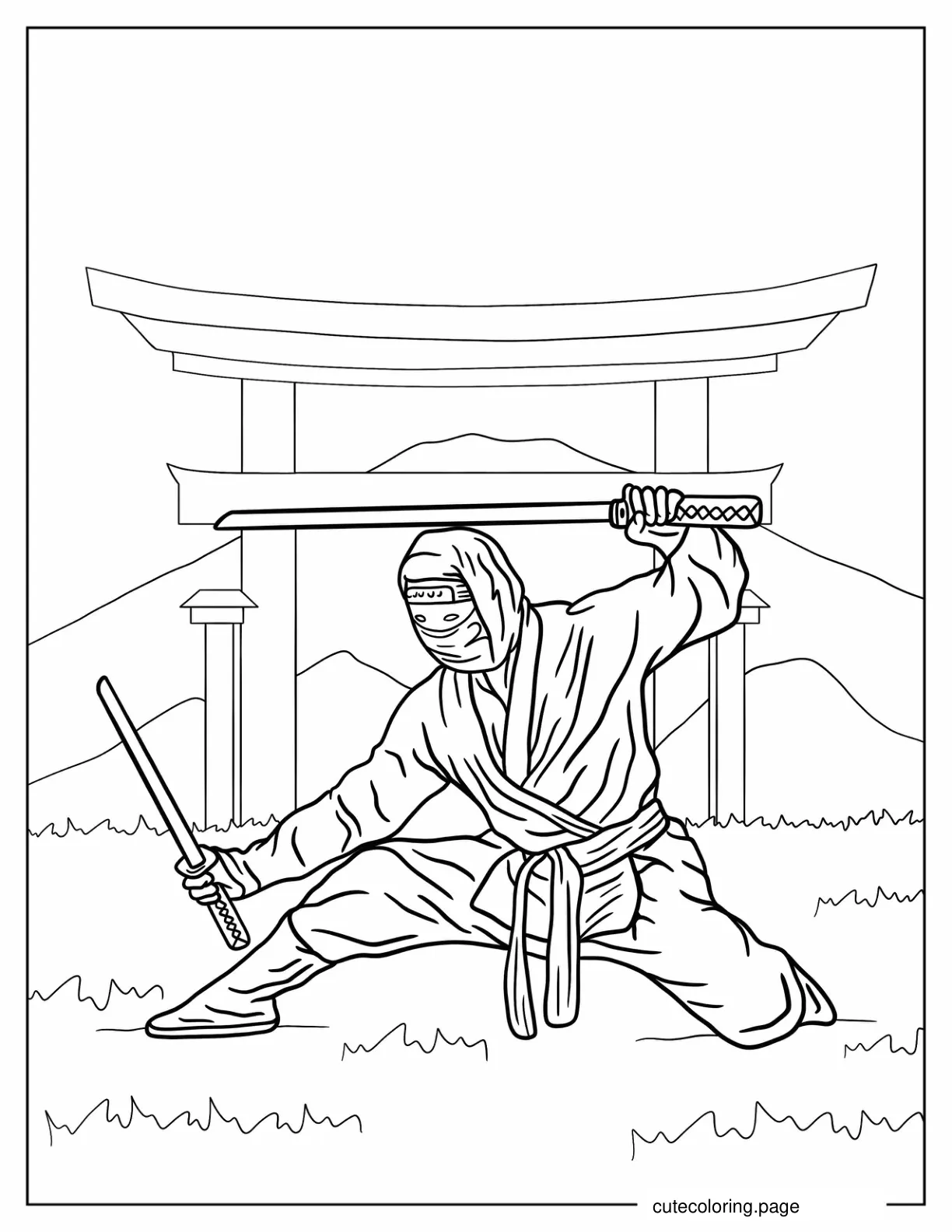 Ninja Holding Swords In Front Of Torii Coloring Page coloring page