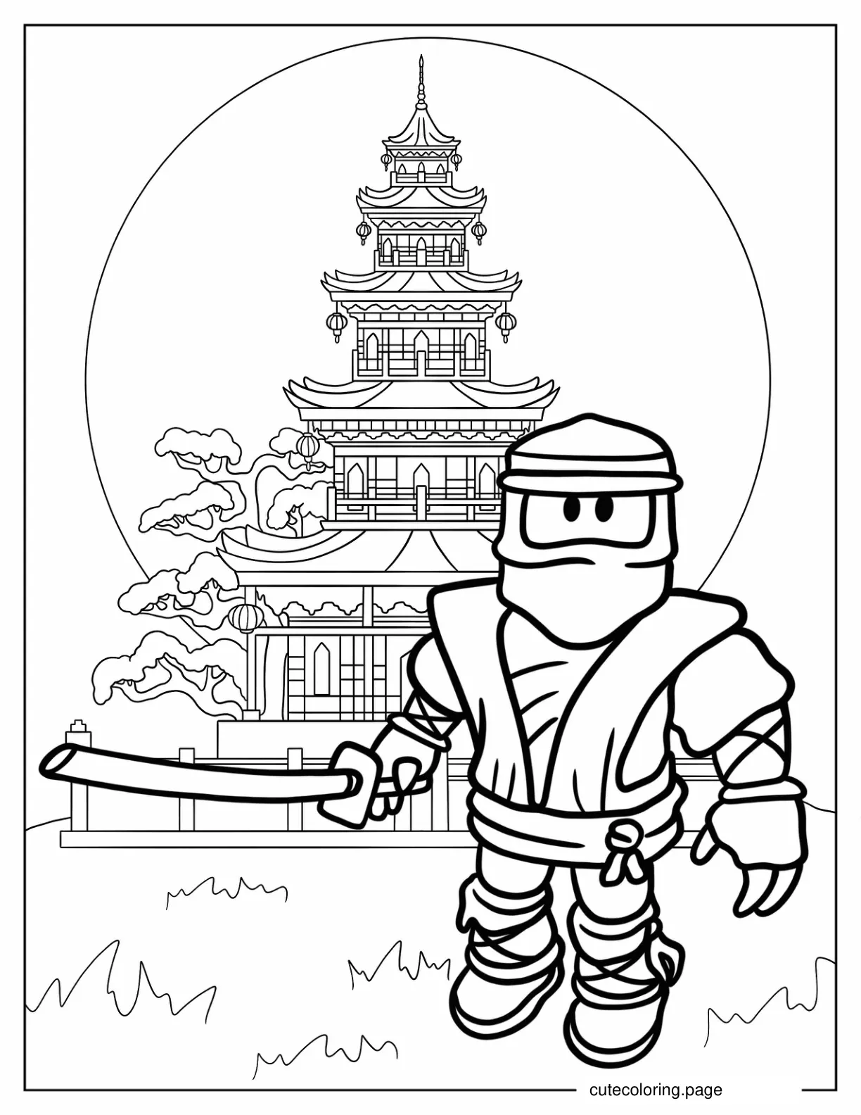 Roblox Neon Ninja In Front Of Japanese Castle coloring page