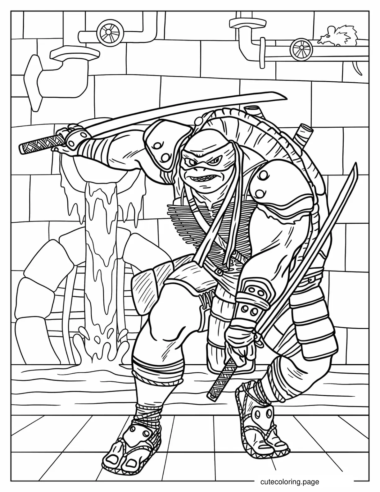 Adult Leonardo Using Dual Katana In Sewer Coloring Sheet coloring page